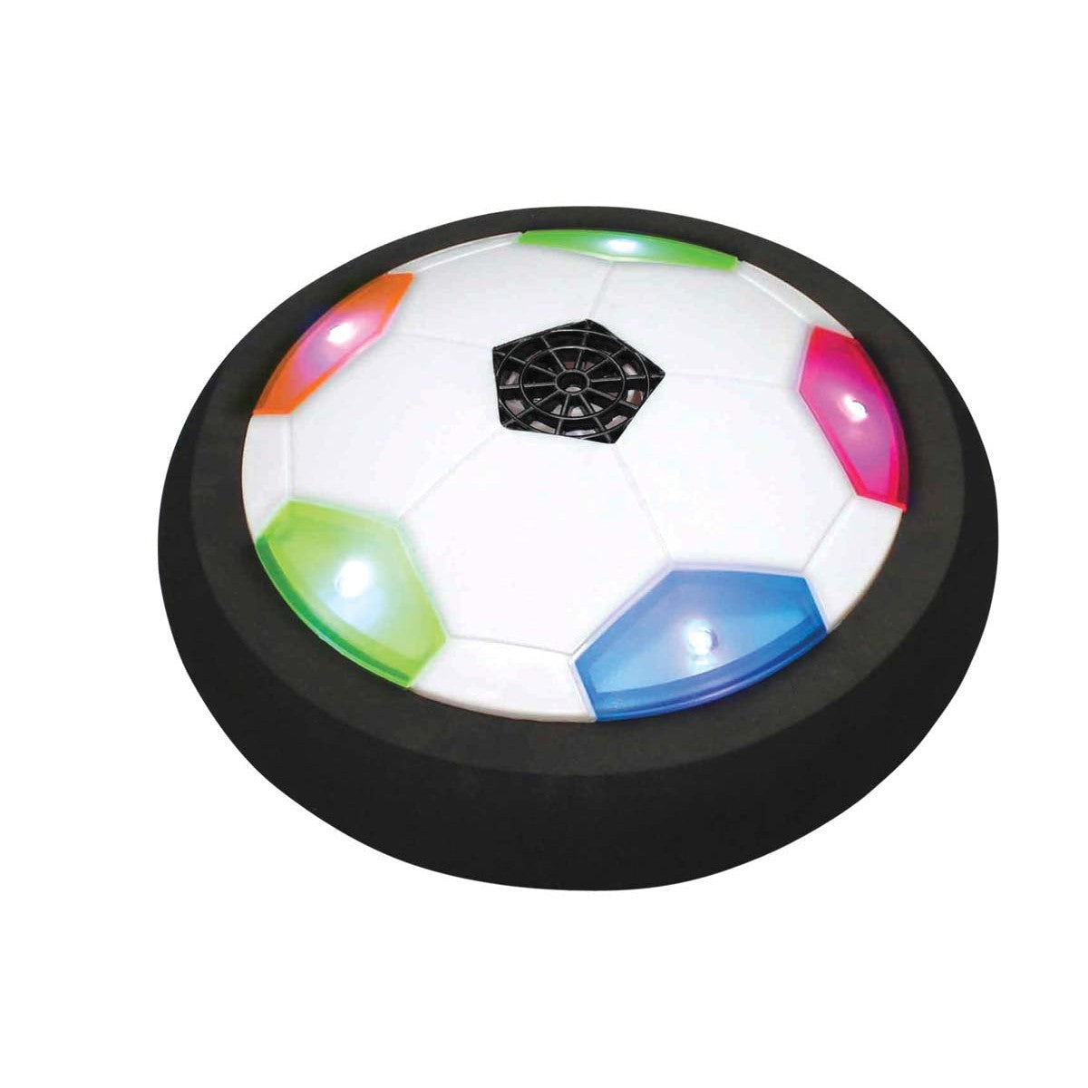 The We're Always Thinking Ultra Glow Air Power Soccer Disk is a round, air-powered hover ball with colorful LED lights and a black foam bumper, designed for safe indoor play.