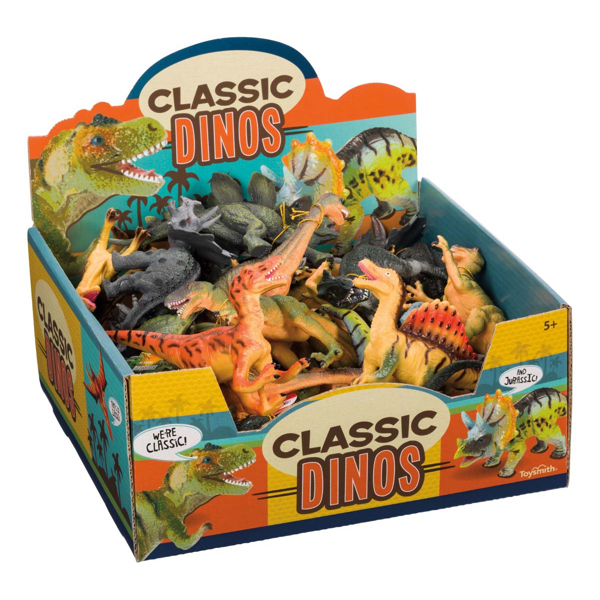 The Toysmith Classic Dinosaurs display box by Toysmith features assorted colorful dinosaur toys in various poses. Decorated with dinosaur illustrations, it’s ideal for prehistoric play and recommended for children ages 5 and up.