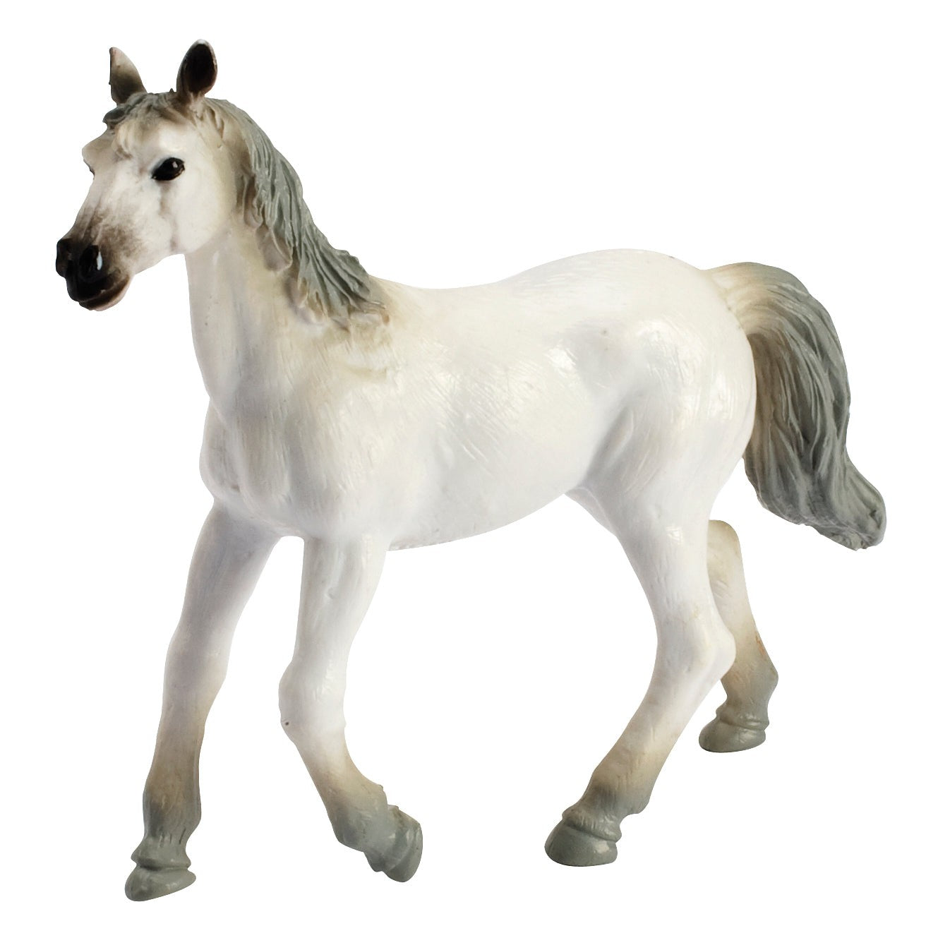 The Farm Fresh Country Horses by Farm Fresh is a realistic plastic horse figurine with a white body and gray mane, tail, and hooves, standing on all four legs—ideal for imaginative play or any farm animal toy collection.
