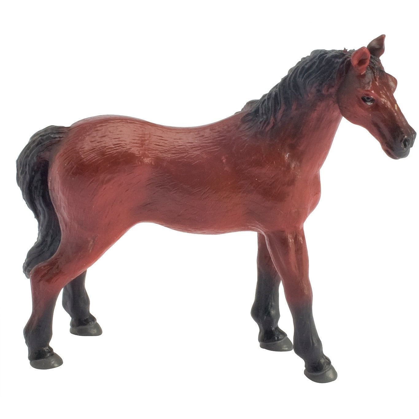 The Farm Fresh Country Horses by Farm Fresh is a brown plastic toy horse with a black mane and tail, standing on all fours—ideal for imaginative play or adding to your farm animal collection.