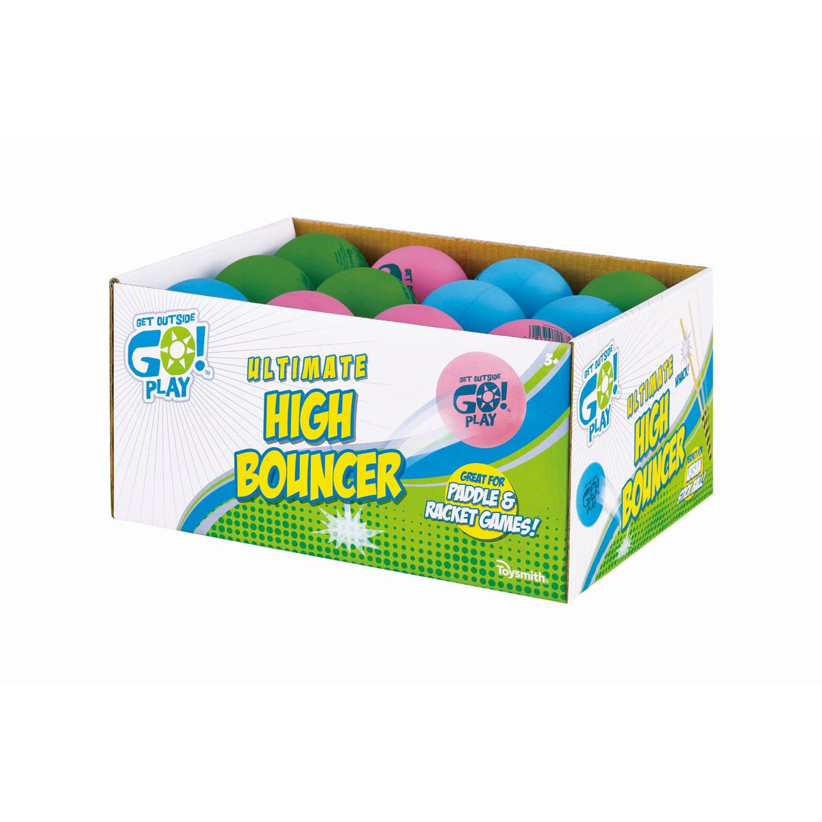 A cardboard box labeled GO! Play Ultimate High Bouncer contains assorted green, blue, and pink rubber balls. The packaging highlights maximum lift for outdoor games and features the GO! Play brand.