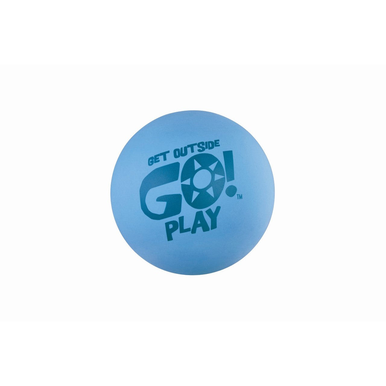 The GO! Play Ultimate High Bouncer by GO! Play is a blue rubber ball featuring "GET OUTSIDE GO! PLAY" and a sun graphic in dark blue, designed for maximum lift in outdoor games, shown isolated on a white background.