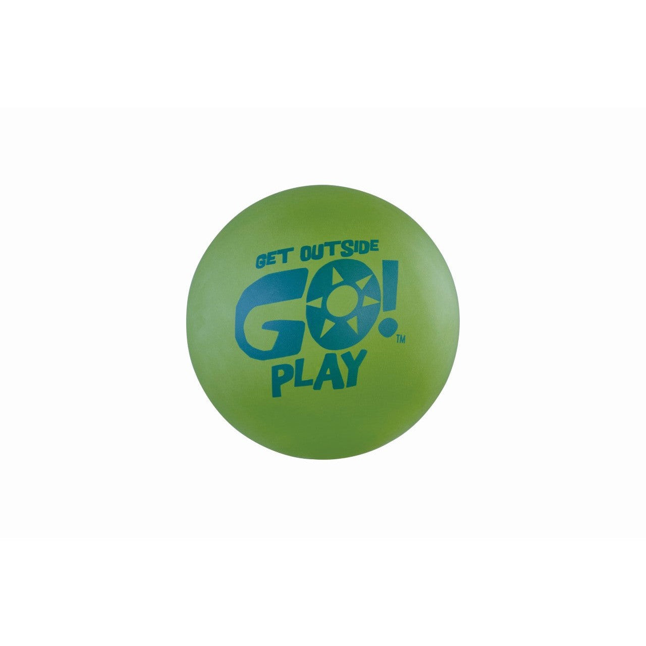 The GO! Play Ultimate High Bouncer is a green rubber ball with blue "GET OUTSIDE GO! PLAY" text and a sun graphic at the center, perfect for outdoor games. The product is shown against a white background.