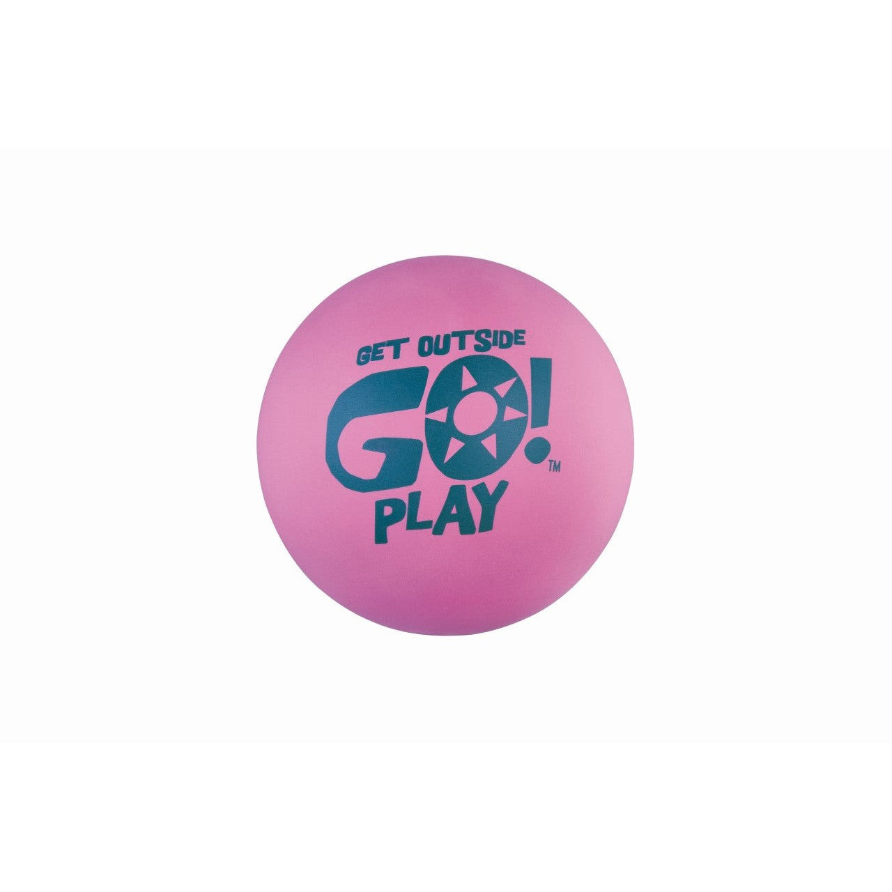 The GO! Play Ultimate High Bouncer is a pink ball with "GET OUTSIDE GO! PLAY" in bold blue letters and a sun graphic—ideal for outdoor games. The product is displayed on a white background.