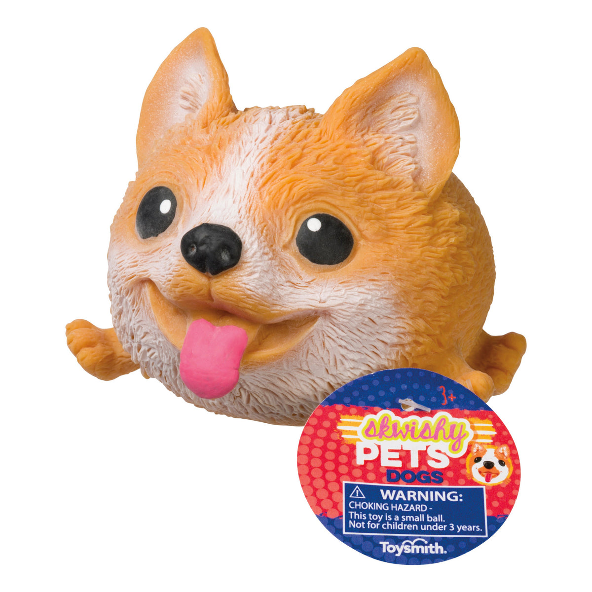 The Farm Fresh Toysmith Skwishy Pet Dogs toy is a round, squishy orange-and-white dog with a smiling face and tongue out, ideal for sensory play. Includes a Skwishy Pets Dogs tag and choking hazard warning.