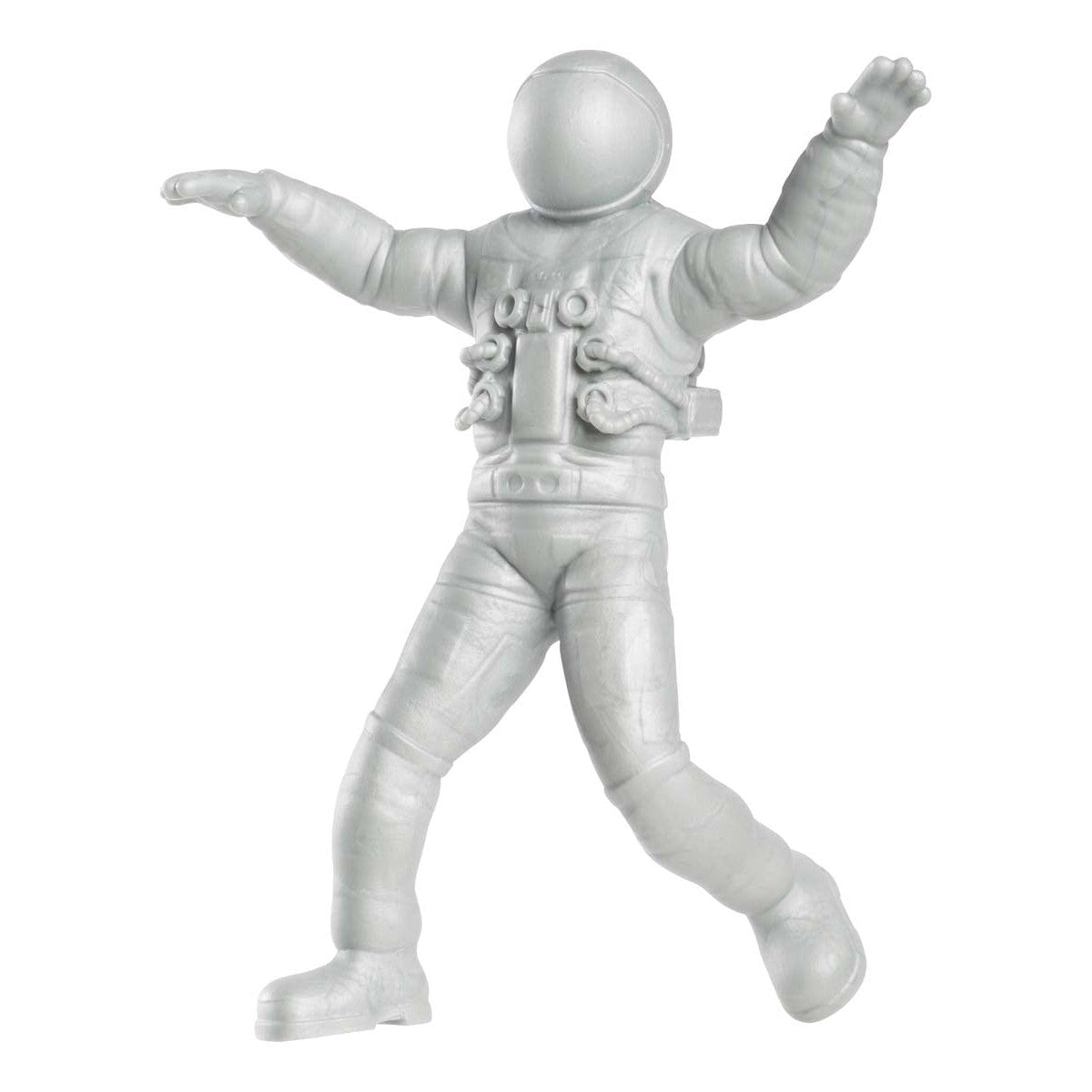 The Astroverse Toysmith Bendy Astronaut is a small, silver toy figure in a detailed spacesuit with raised arms, simulating zero gravity. Facial features are absent for added realism and authenticity.
