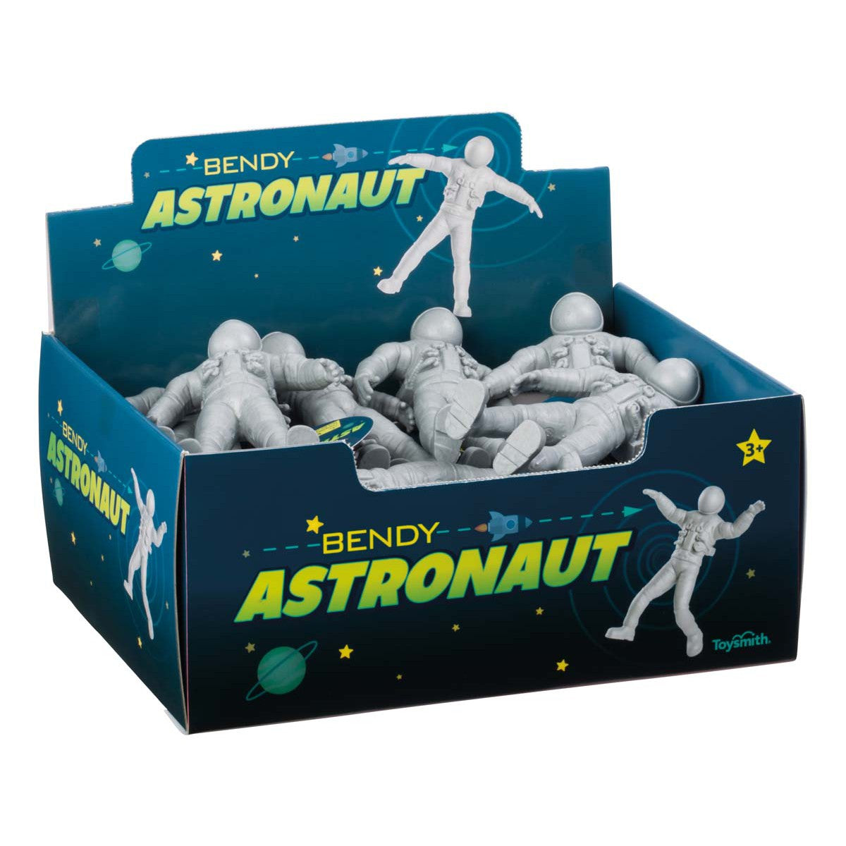 A display box labeled Toysmith Bendy Astronaut by Astroverse contains several gray astronaut fidget toys, with space-themed graphics and stars decorating the packaging.