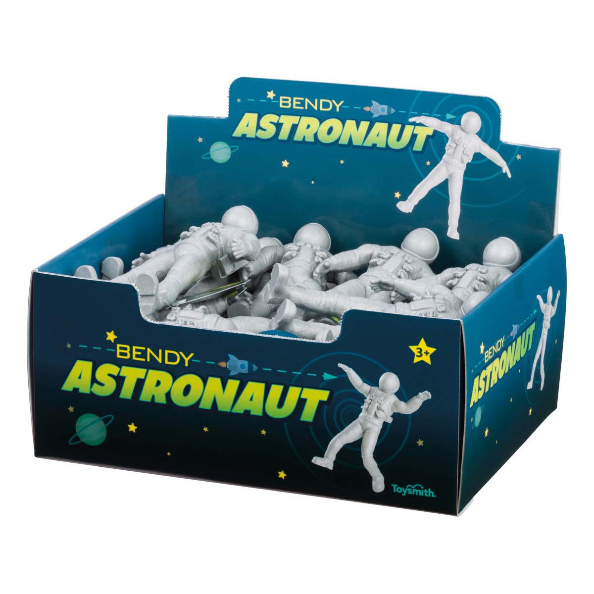 An Astroverse display box labeled Toysmith Bendy Astronaut features several flexible, gray astronaut figures in helmets and suits. Decorated with stars and planets, the box highlights these fun fidget toys.