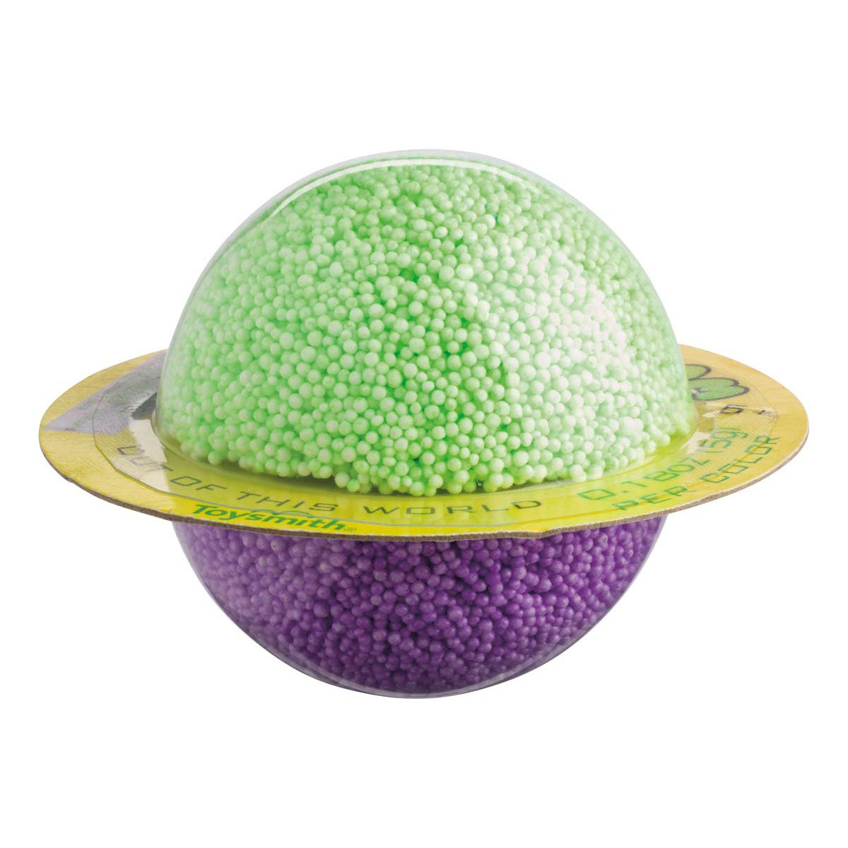 The Toysmith Planet Foam Sensory Toy by Toysmith is a Saturn-shaped plastic container with small green beads on top, purple beads on the bottom, and a yellow ring—perfect for tactile play and sensory fun.