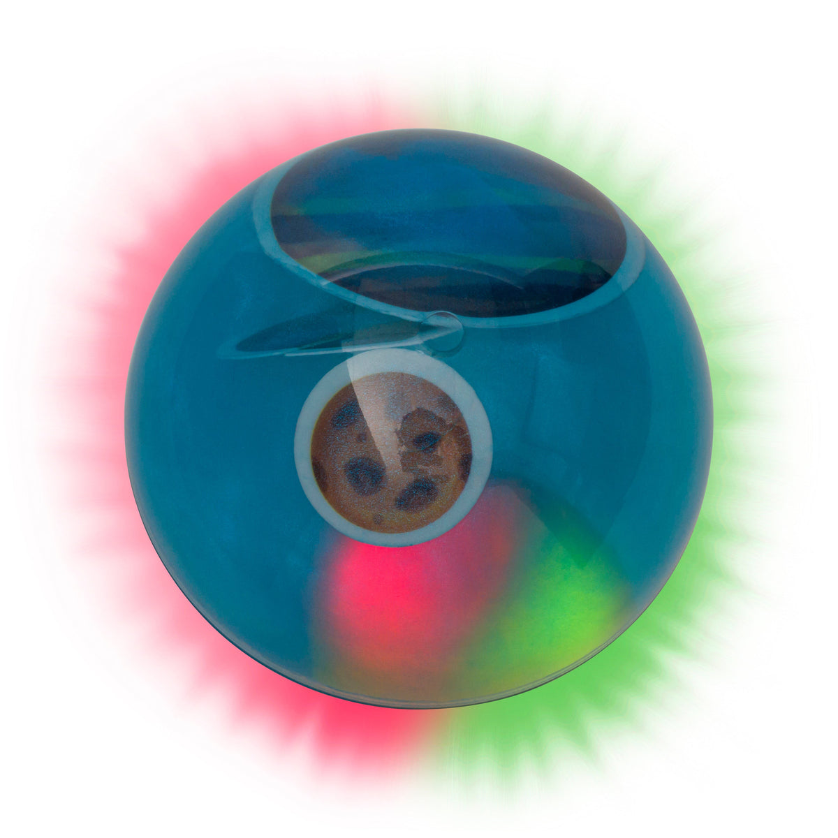 A Toysmith Light Up Galaxy Ball by Toysmith, glowing with red and green lights on both sides. The triangular answer window is visible inside—ideal for kids' active play or as a unique display item. Photographed against a white background.