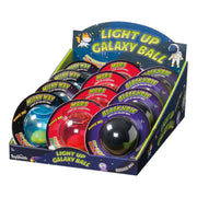 Toysmith Light Up Galaxy Balls display box features assorted glowing balls labeled Milky Way, Mars, and Black Hole with space graphics. Great for active play. For ages 3+. Brand: Toysmith.