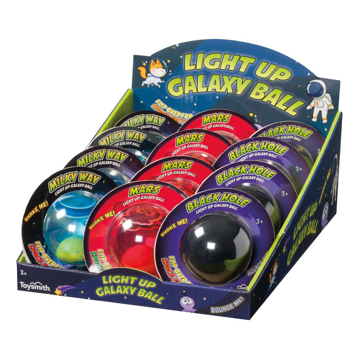 Toysmith Light Up Galaxy Balls display box features assorted glowing balls labeled Milky Way, Mars, and Black Hole with space graphics. Great for active play. For ages 3+. Brand: Toysmith.