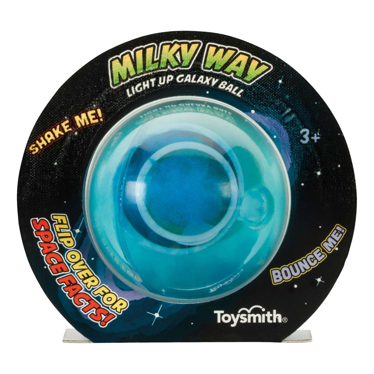 The Toysmith Light Up Galaxy Balls come in blue, circular packaging featuring “Shake me!”, “Flip over for space facts!”, and “Bounce me!”. Perfect for kids 3+, these glowing balls from Toysmith encourage active play.