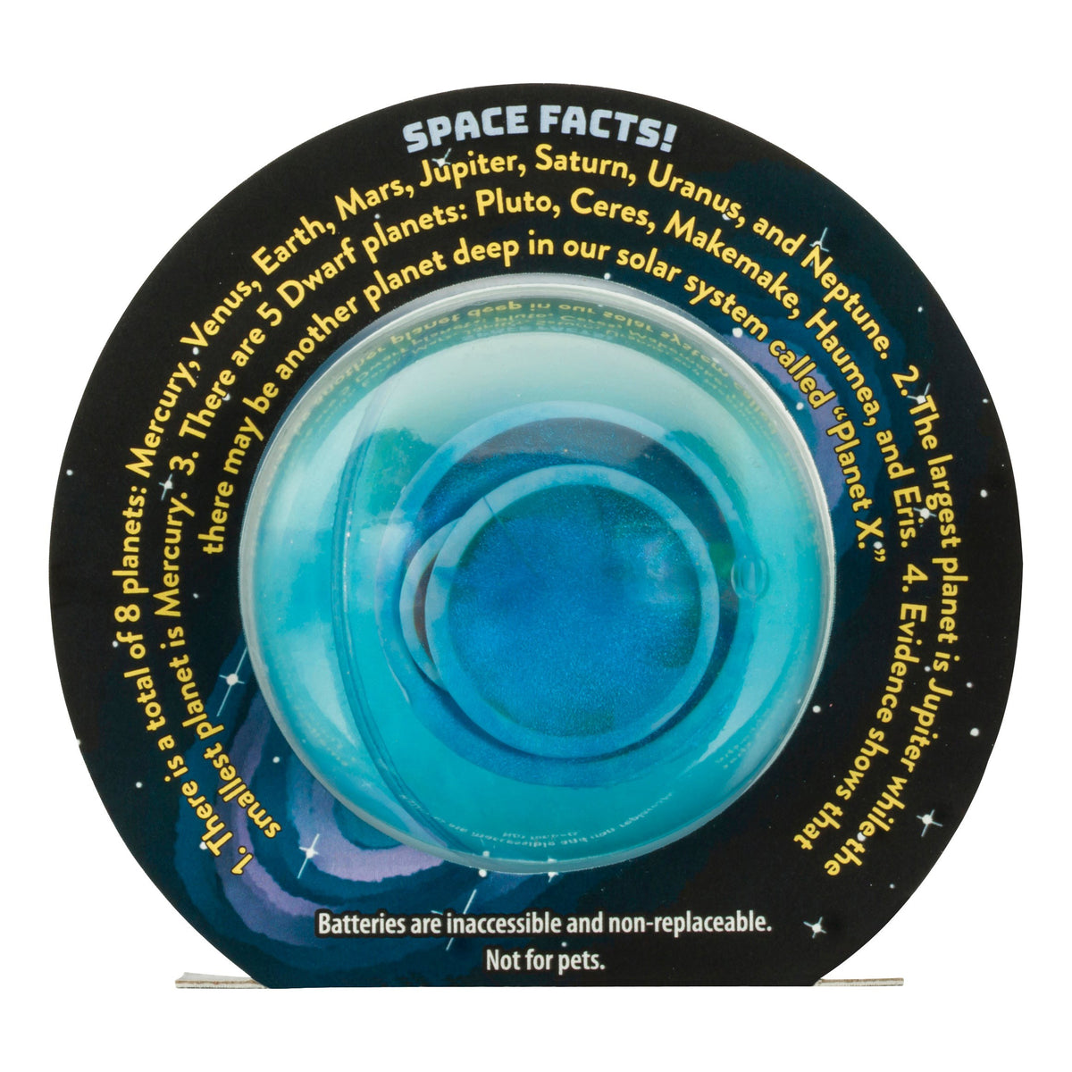 The Toysmith Light Up Galaxy Balls, with a blue center and space facts about planets on the edge, are perfect for kids’ active play. Inspired by outer space, batteries are non-replaceable; not intended for pets. Brand: Toysmith.