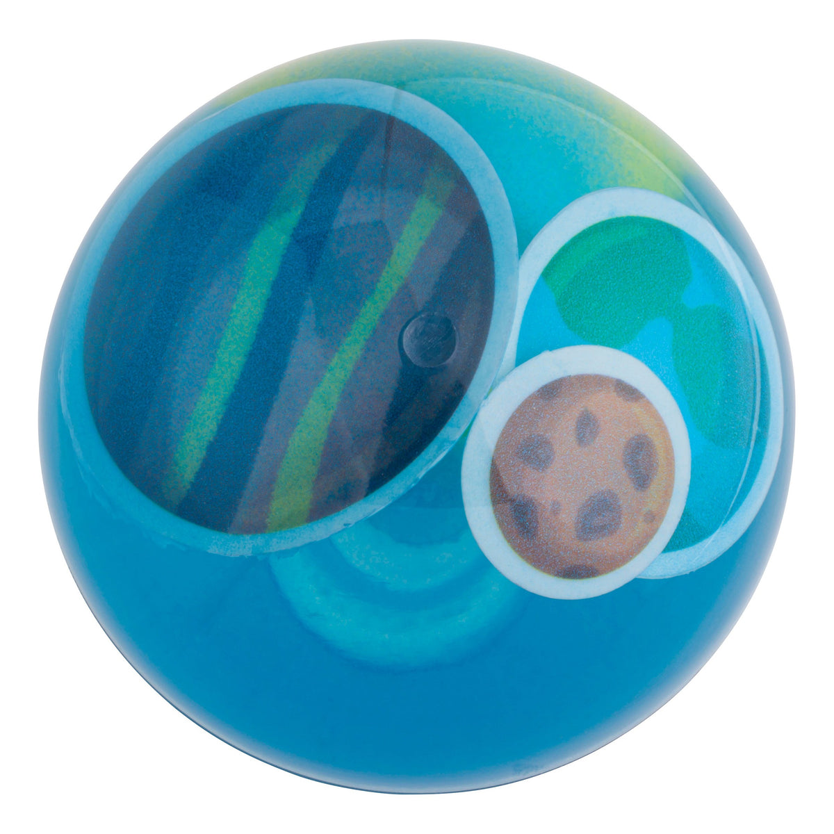 The Toysmith Light Up Galaxy Balls by Toysmith are round blue balls featuring colorful, planet-like designs that light up—perfect for kids' active play.