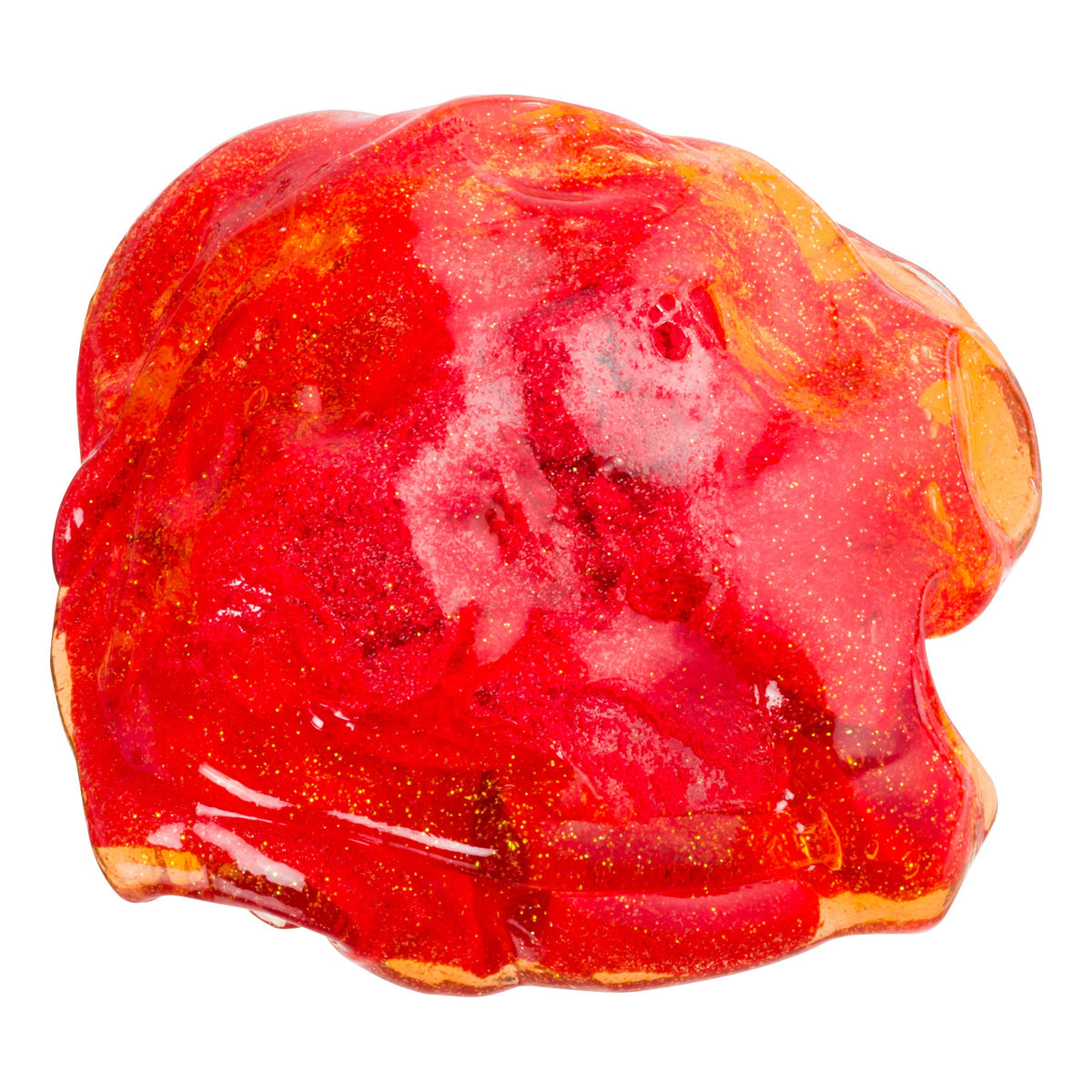 Astroverse Space Scape Slimes by Astroverse feature bright red and orange slime with a glossy surface and gold glitter flecks, shaped irregularly on a white background—ideal for sensory play.