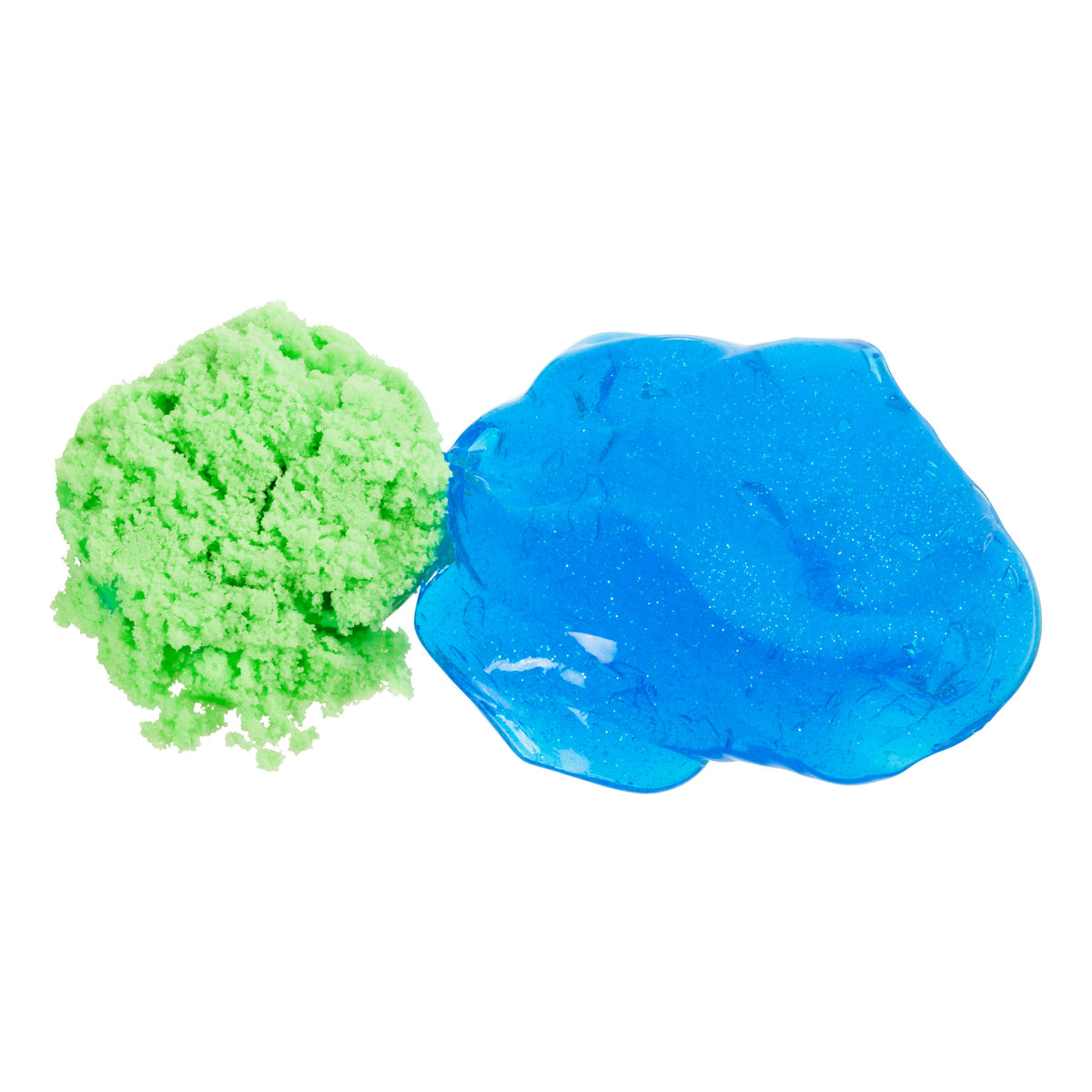 Astroverse Space Scape Slimes by Astroverse features a bright green kinetic sand clump beside a flattened blob of shiny blue slime, ideal for sensory play, displayed on a white background.