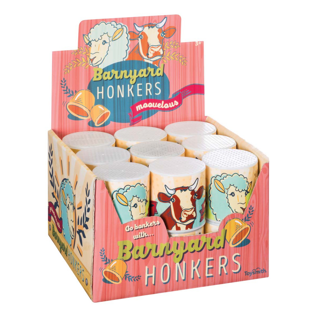 The Farm Fresh Barnyard Honkers display box holds barnyard noisemakers with cartoon sheep, cow, and rooster images. The colorful packaging features fun text and illustrated bells—perfect for animal noisemaker fans.