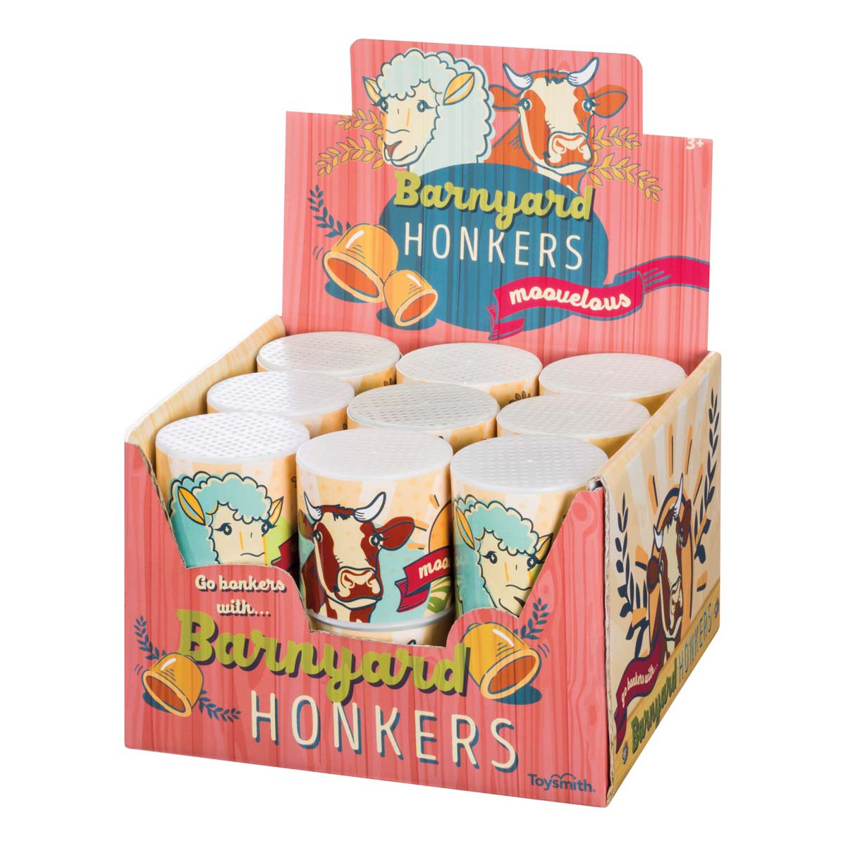 A display box labeled Farm Fresh Barnyard Honkers from Farm Fresh showcases colorful barnyard noisemakers—cups with cartoon cow and sheep faces, fun farm graphics, and the words "Go bonkers with Barnyard Honkers.
