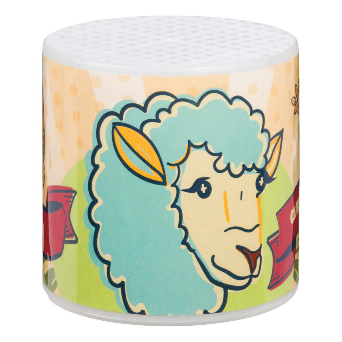 The Farm Fresh Barnyard Honkers by Farm Fresh is a small cylindrical animal noisemaker with an illustrated sheep in a blue wool coat, white perforated top, playful colors, and red banners for a fun barnyard theme.