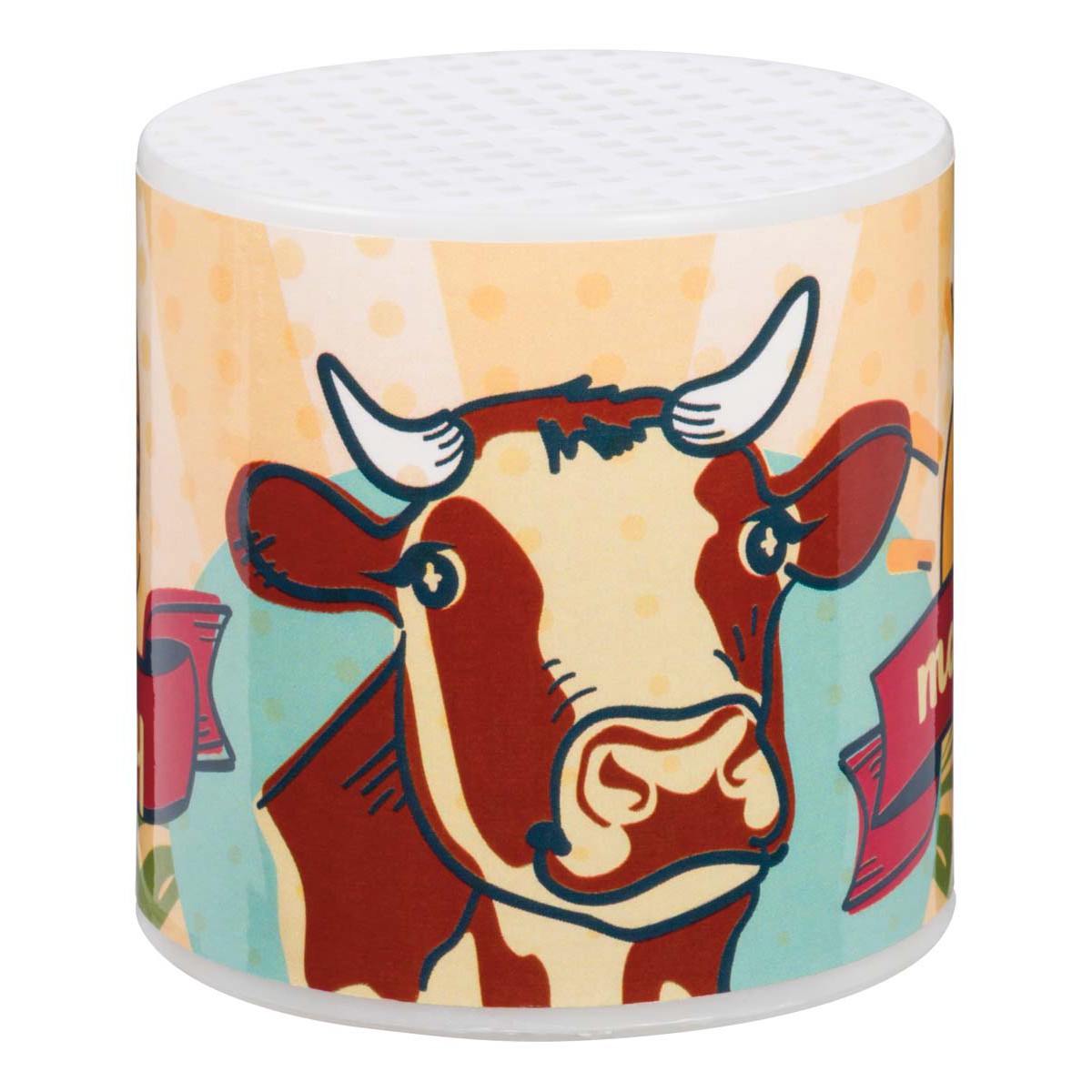 The Farm Fresh Barnyard Honkers by Farm Fresh is a cylindrical container decorated with a vibrant cow illustration, polka dots, and festive banners—ideal for anyone who loves fun barnyard themes and playful designs.