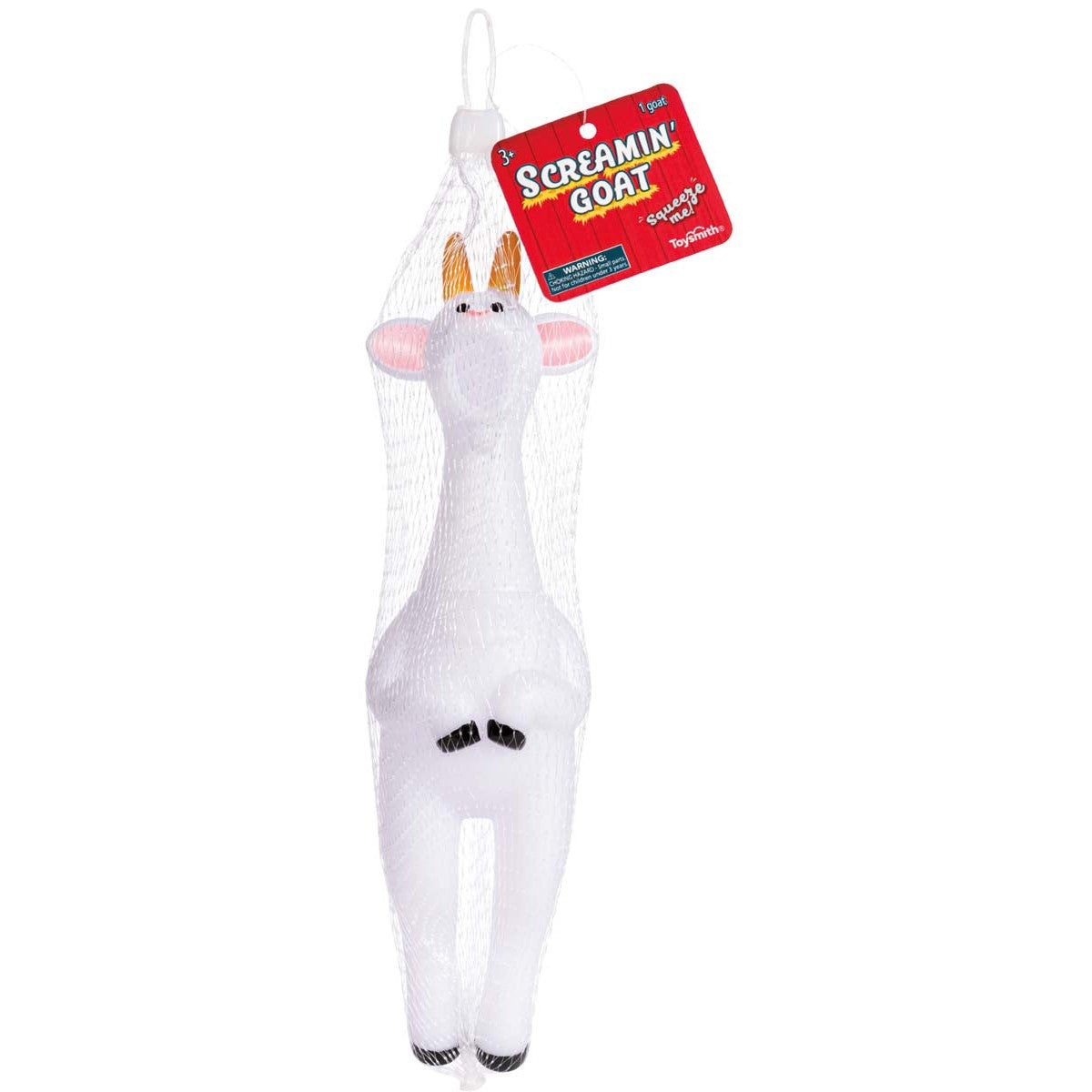 The Toysmith Farm Fresh Screamin' Goat is a white rubber goat with tan horns and a pink nose, packaged in a mesh bag with a red tag—a hilarious screaming farm toy perfect for kids’ barnyard play.