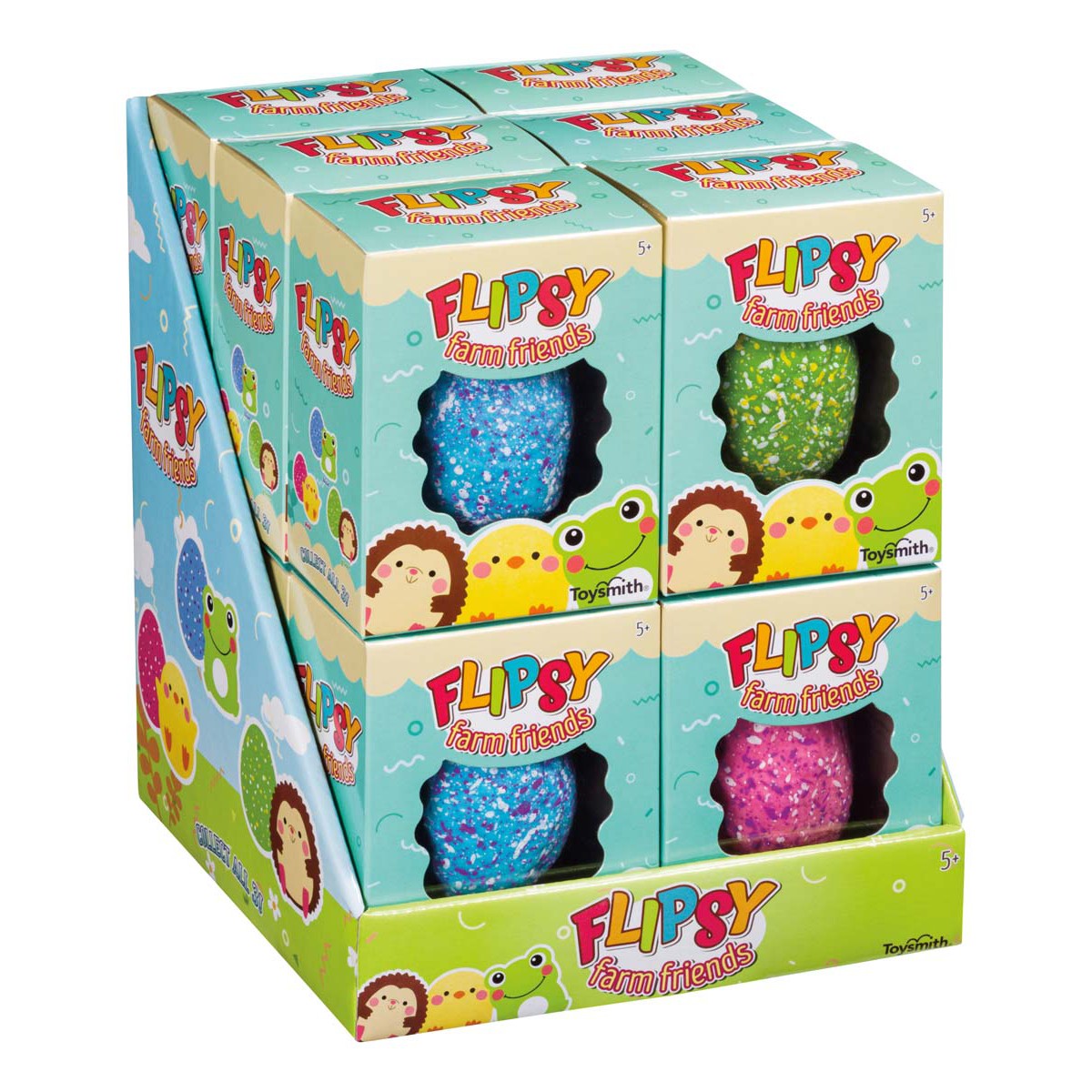 The Toysmith Farm Fresh Flipsy Farm Friends display box includes 8 colorful packages, each with a speckled egg and reversible farm animal figure. Designed for ages 5+, these toys encourage imaginative play.