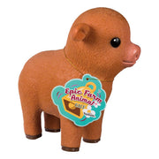 A brown calf plush with black eyes and a light pink snout stands upright, wearing a tag that says "Farm Fresh Epic Farm Animals - Calf" by Toysmith—a charming addition to any farm toys collection.