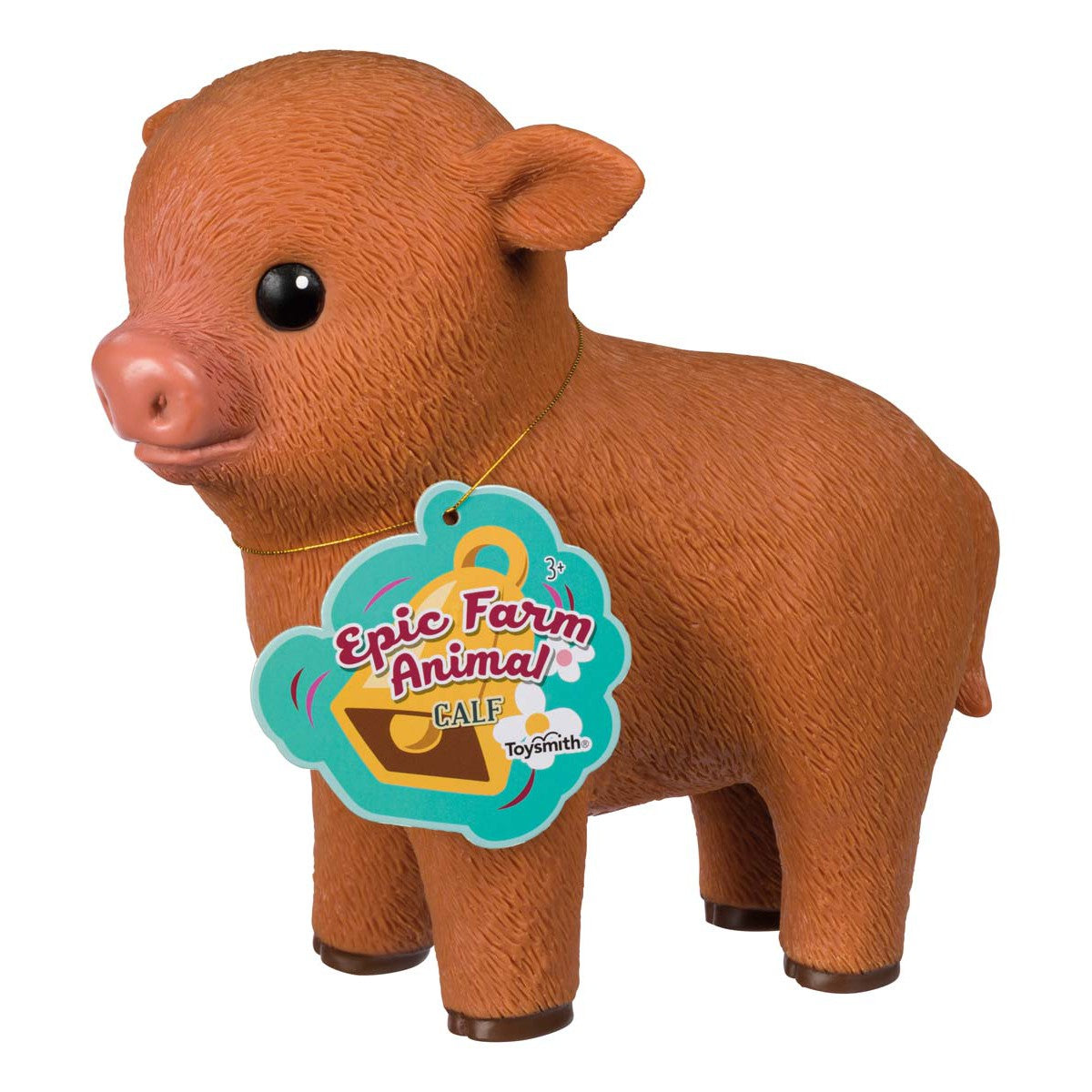 The Toysmith Farm Fresh Epic Farm Animals - Calf is a cute brown calf figurine with a pink snout and a neck tag; perfect for farm toy collectors and fans of adorable animals.