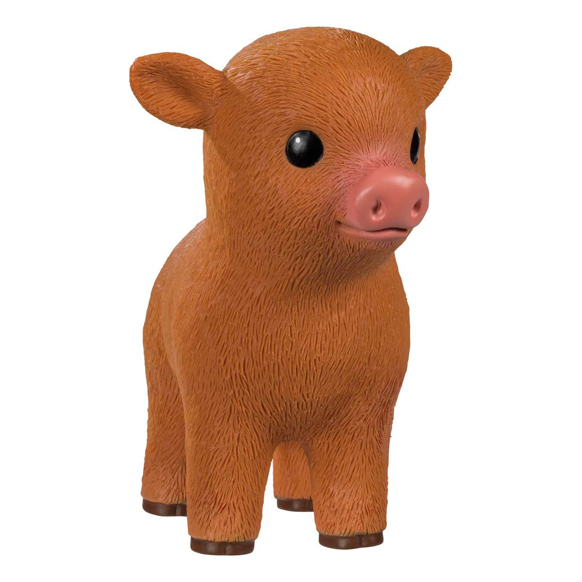 The Toysmith Farm Fresh Epic Farm Animals - Calf is a small, brown cartoon-style figurine with big black eyes, a pink snout, upright ears, and short legs, standing upright and facing slightly to the right.