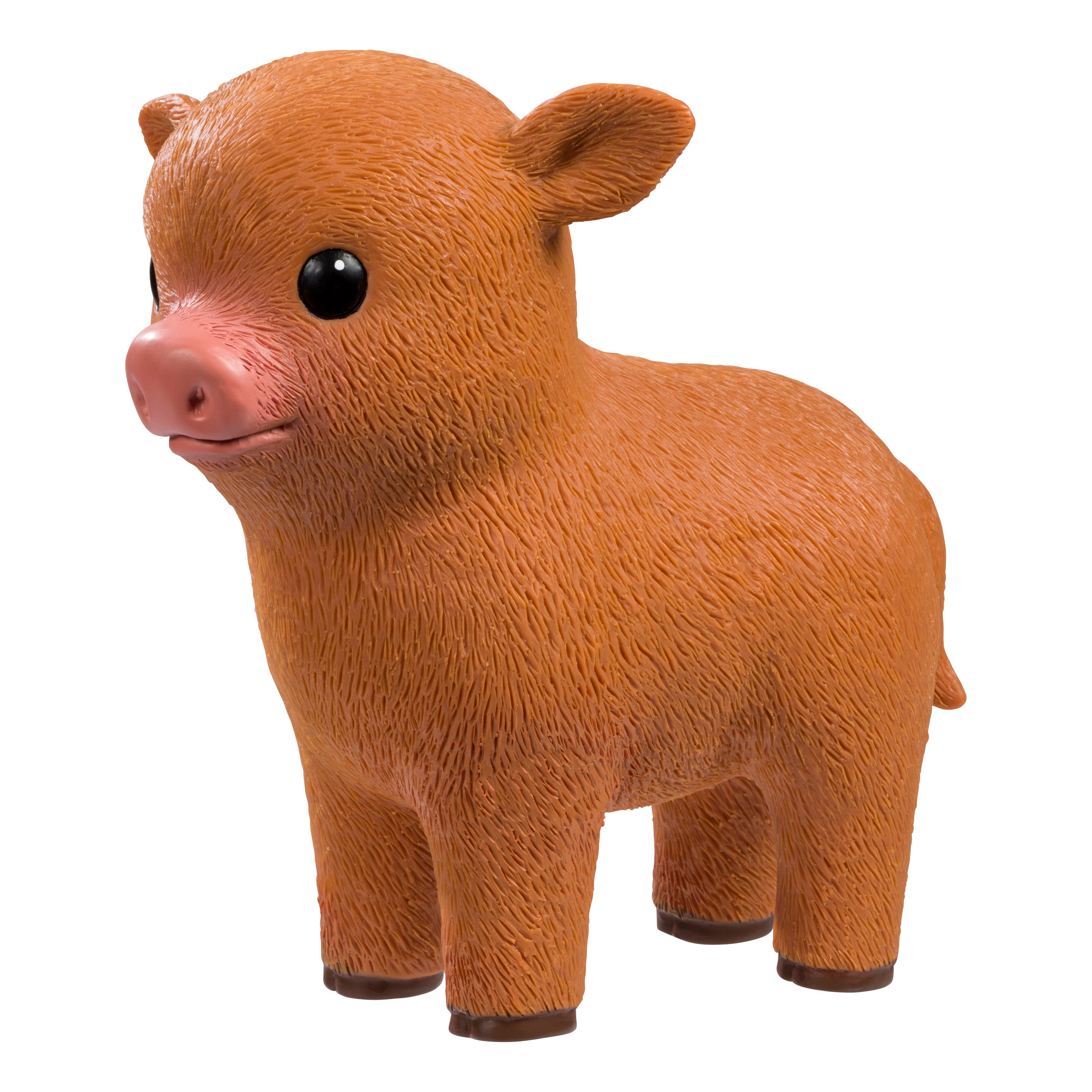 The Toysmith Farm Fresh Epic Farm Animals - Calf is a small, brown figurine with big black eyes, a pink snout, short legs, and textured fur—ideal for farm toy collectors—displayed on a white background.