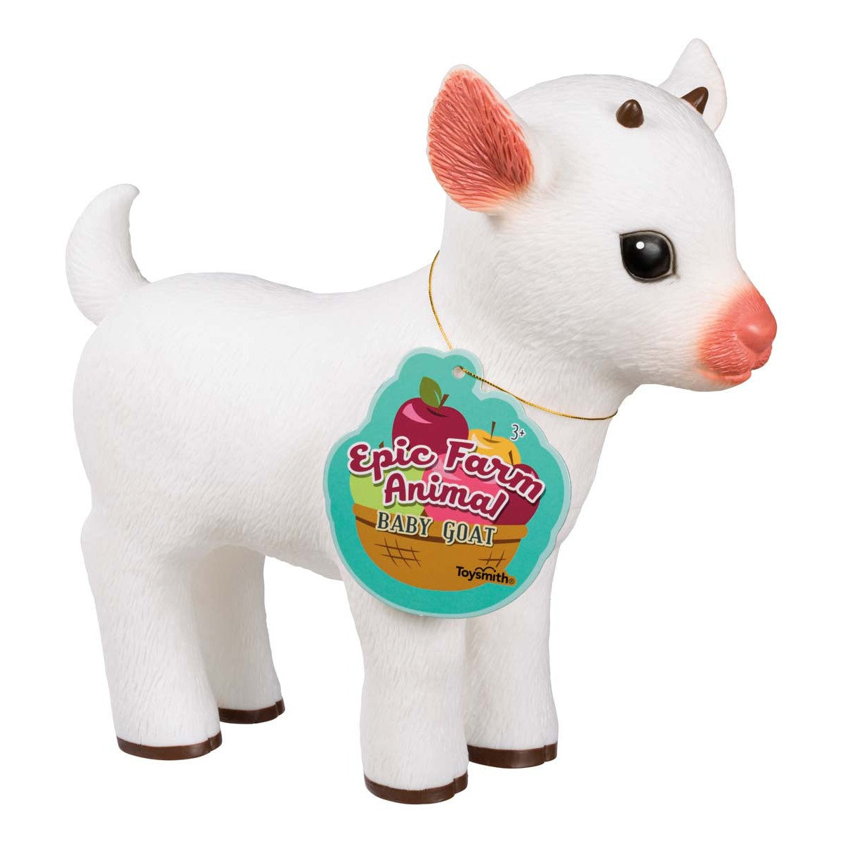 A white Toysmith Farm Fresh Epic Farm Animals - Baby Goat toy with pink ears and nose stands upright, wearing a green tag around its neck.