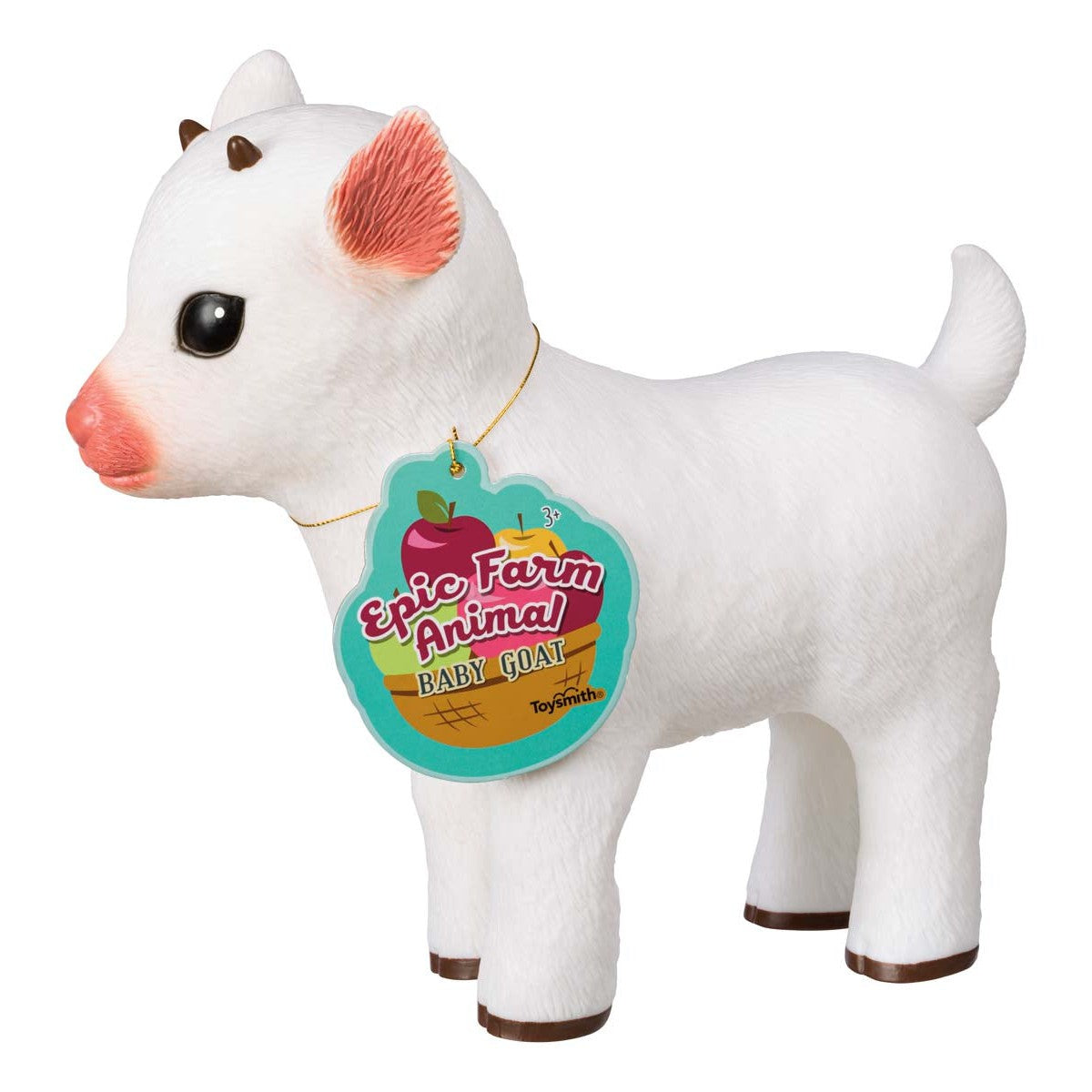 A white Baby Goat toy from Toysmith’s Farm Fresh Epic Farm Animals features small brown horns, brown hooves, and a yellow tag—perfect for any farm animal collection.