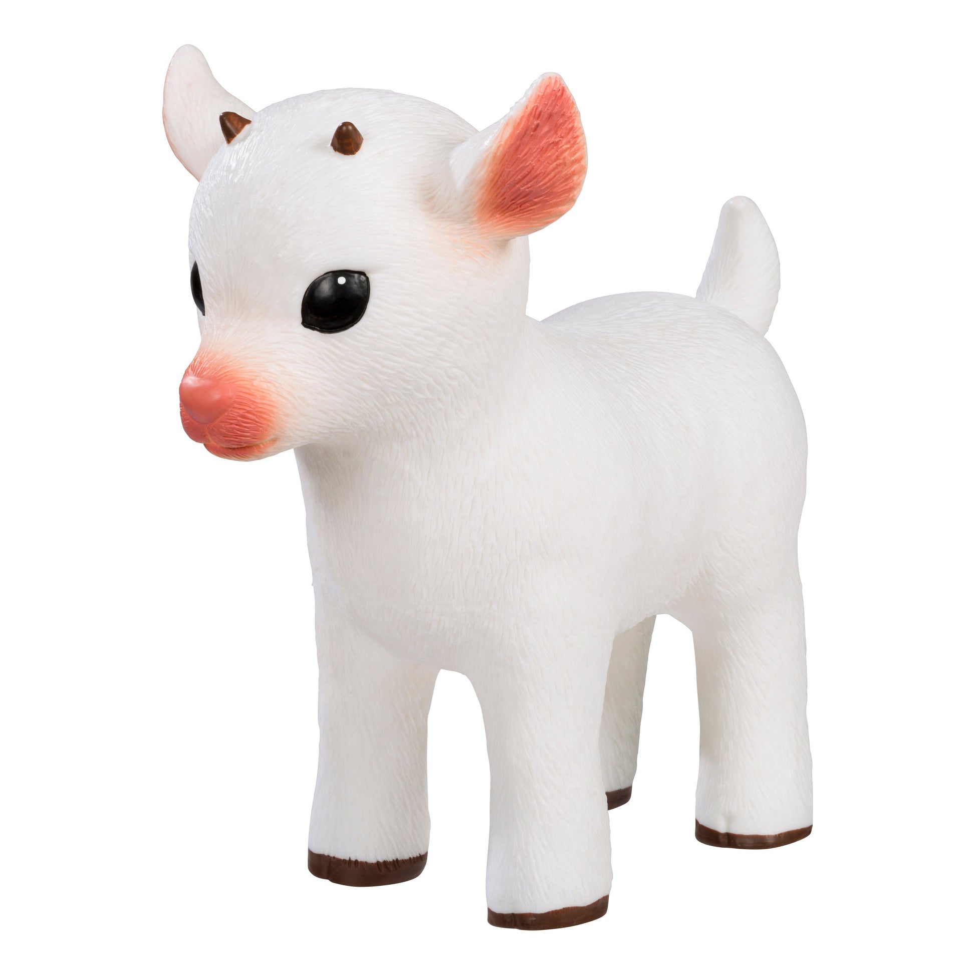 The Toysmith Farm Fresh Epic Farm Animals - Baby Goat is an adorable, cartoon-style white farm toy with big black eyes, brown horns and hooves, plus a pink nose—perfect for fans of cute farm animals.