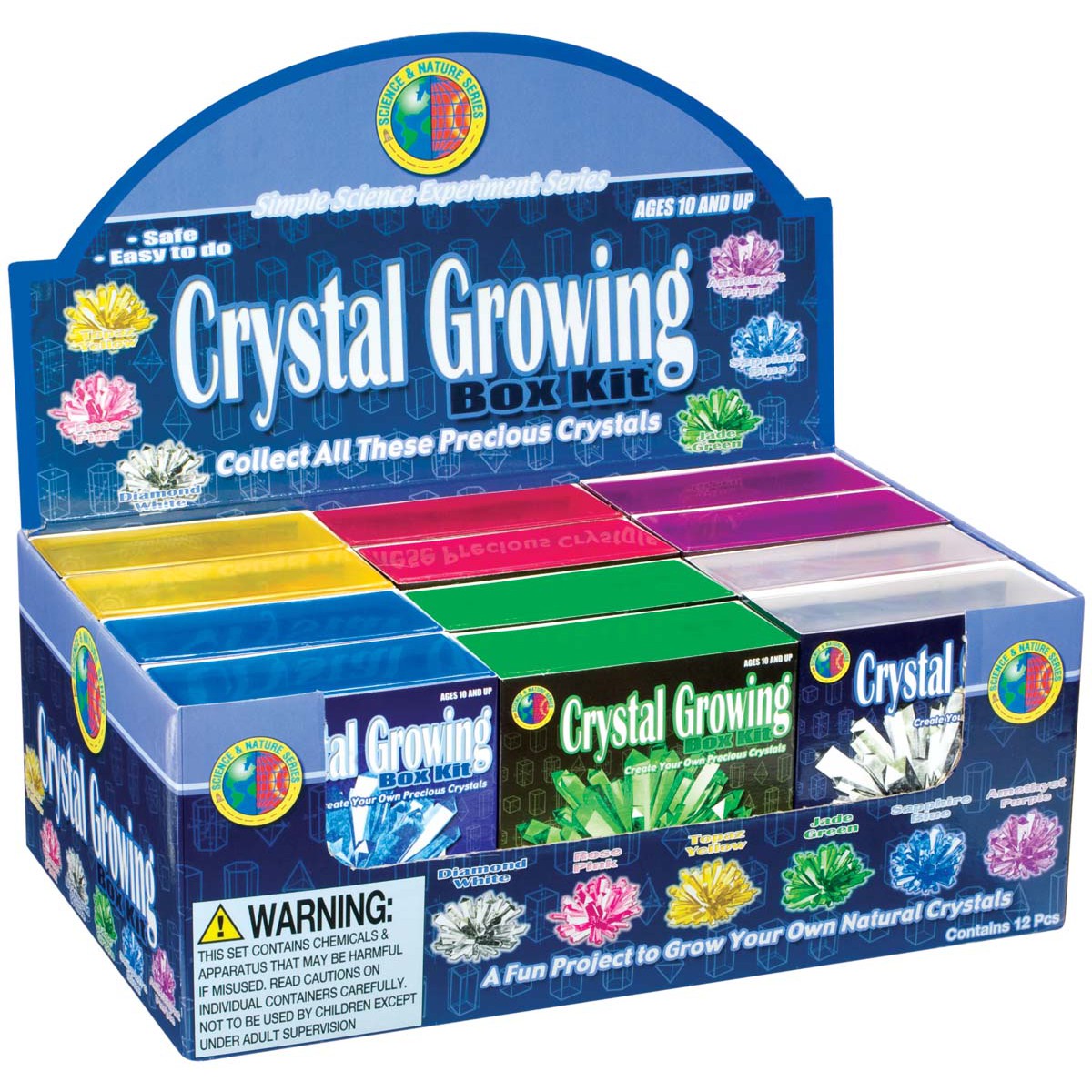A display box of Toysmith Crystal Growing Box Kits features colorful individual kits with crystal images. Branded by Toysmith, this fun DIY science kit helps you grow crystals and includes a safety warning on the packaging.