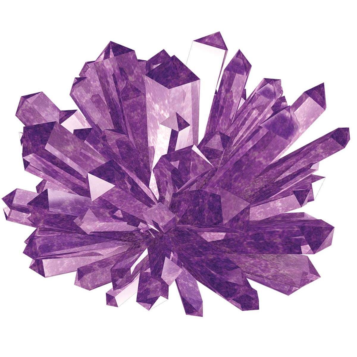 Translucent purple crystals with sharp, elongated points radiate outward, resembling formations from the Toysmith Crystal Growing Box Kits by Toysmith, displayed against a white background.