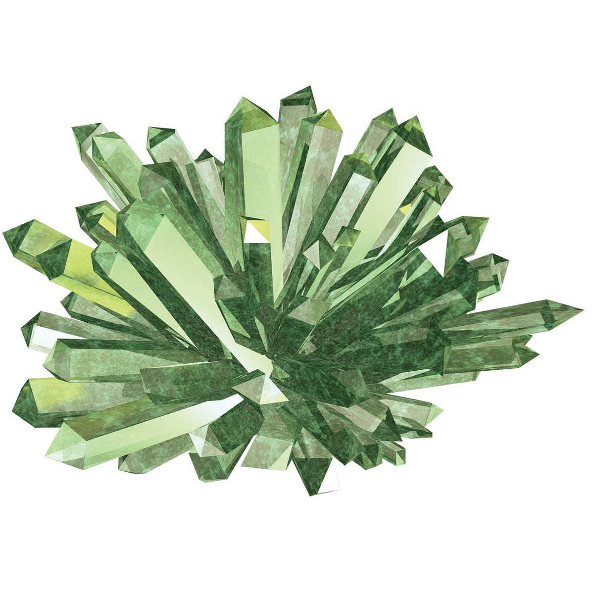 A cluster of long, green, translucent crystals radiates outward in a starburst shape, just like the stunning formations you can grow with Toysmith Crystal Growing Box Kits by Toysmith.