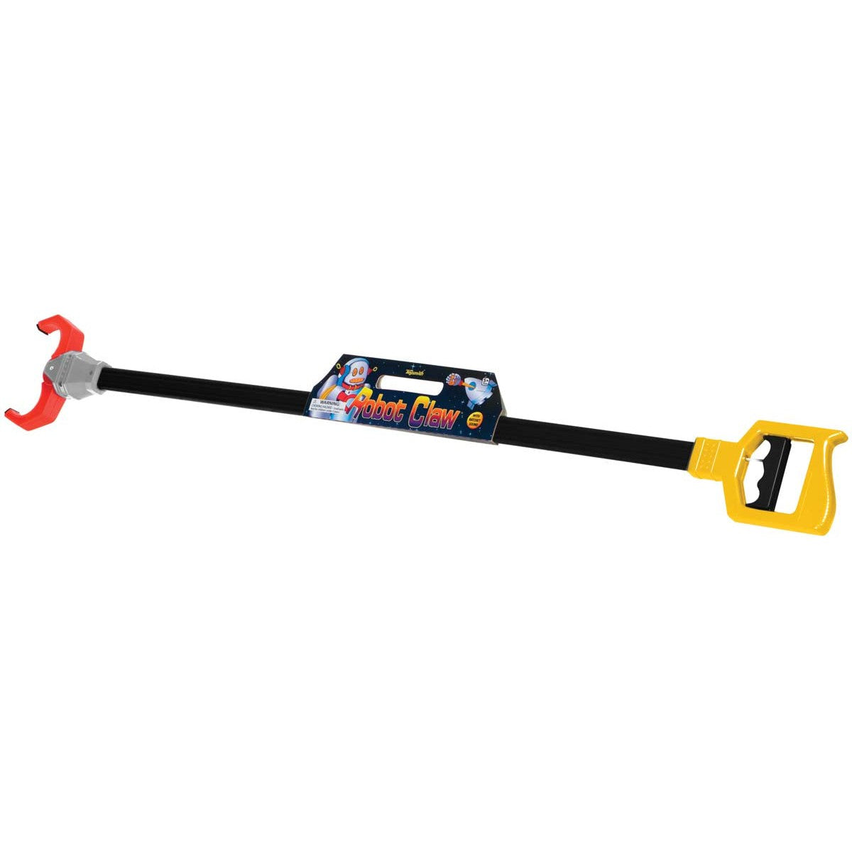 The Toysmith 36in Robot Claw is a fun, extendable toy claw featuring a yellow handle, black shaft, and red gripping end—perfect for kids to grab objects and explore imaginative play. Packaged and branded by Toysmith.