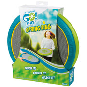 GO! Play Spring Ring by GO! Play comes in packaging showing two colorful, waterproof rings and a smiling child playing outside. “Throw it! Bounce it! Splash it!” appears on a bright green and blue background.