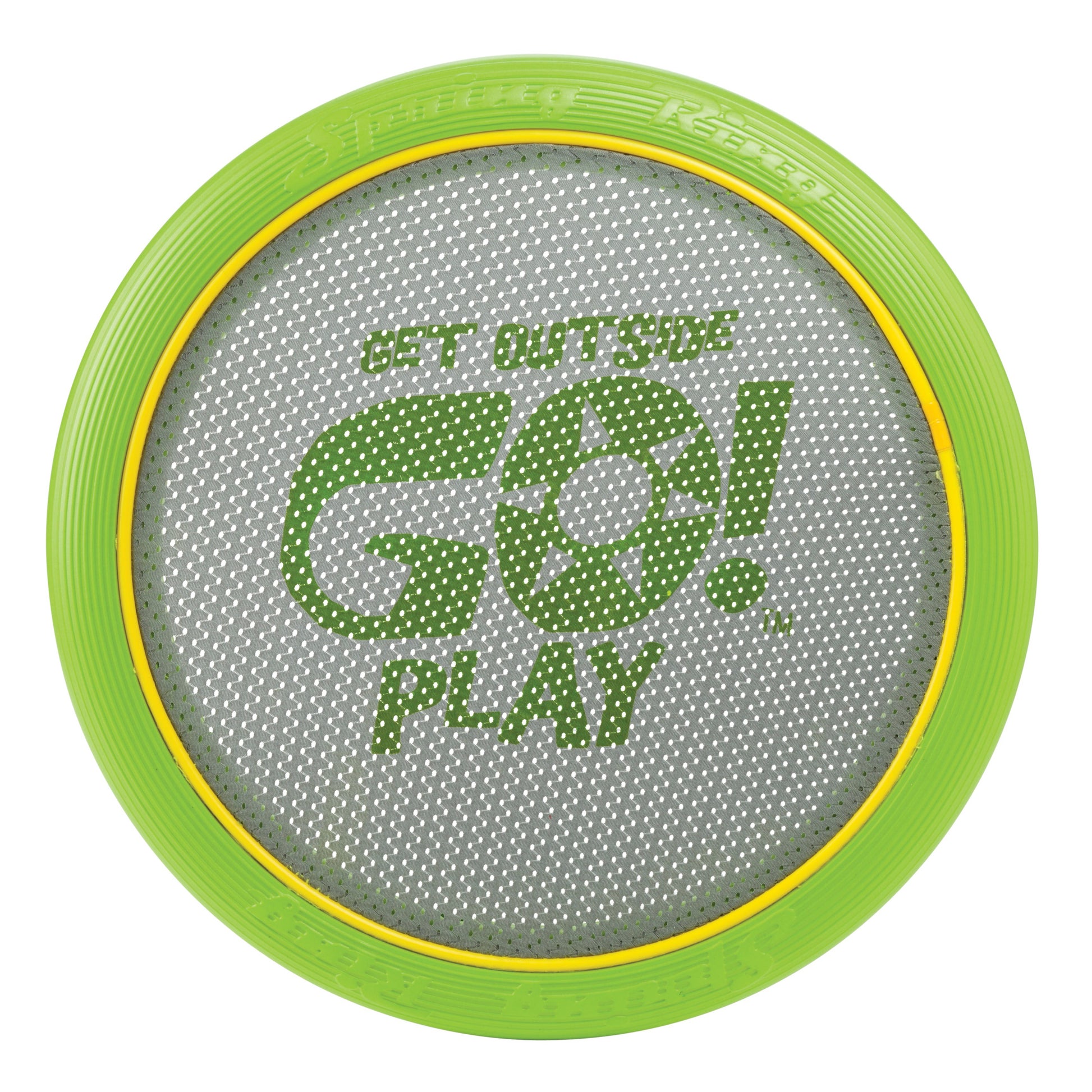 The GO! Play Spring Ring by GO! Play is a round green and yellow disc with a mesh center featuring "GET OUTSIDE GO! PLAY" in green text and a sun in the O—ideal for waterproof outdoor fun and classic Spring Ring games.