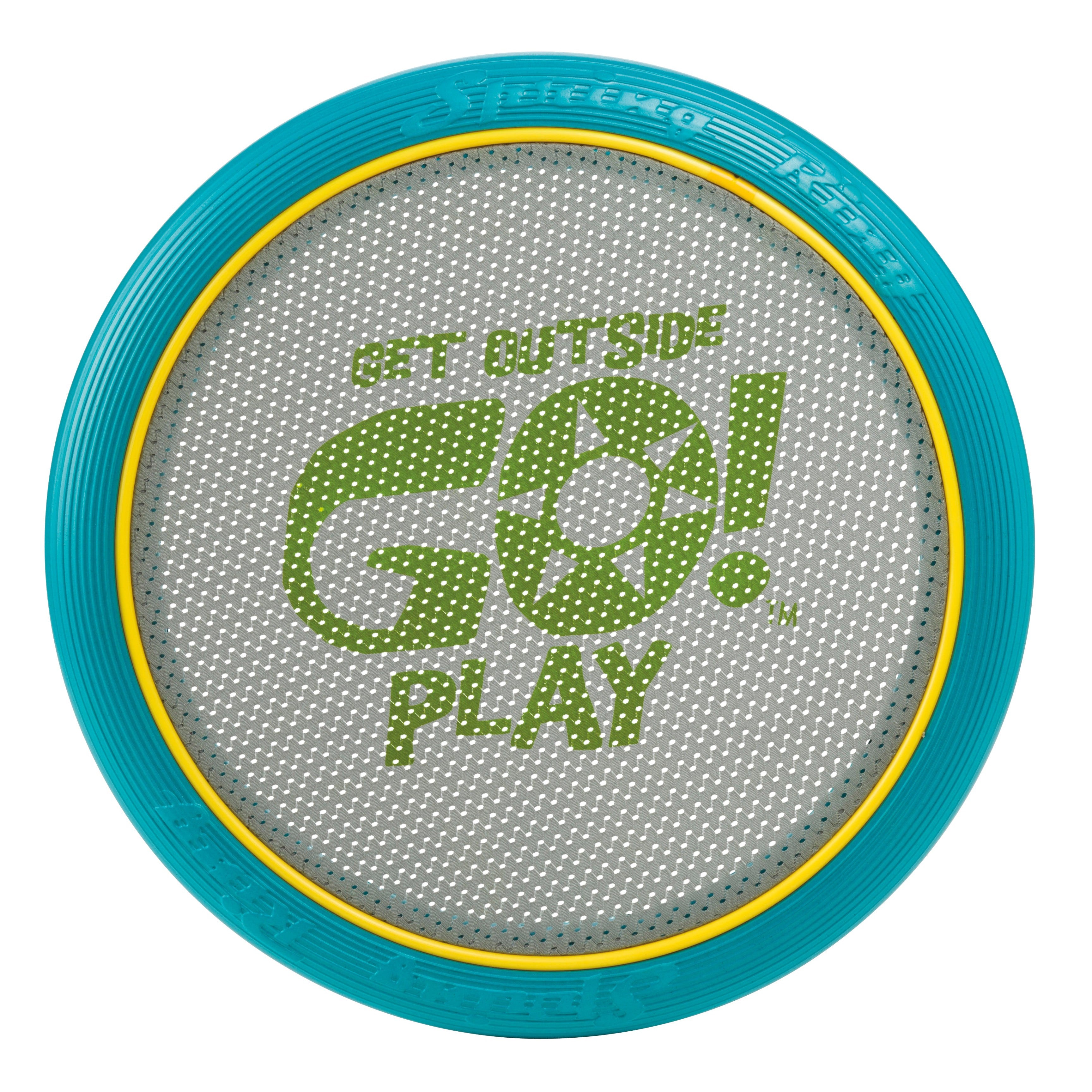 The GO! Play Spring Ring is a blue and yellow flying disc with a mesh center, green "GET OUTSIDE GO! PLAY" text, and a sun for the "O." Waterproof and perfect for outdoor play. From the GO! Play brand.