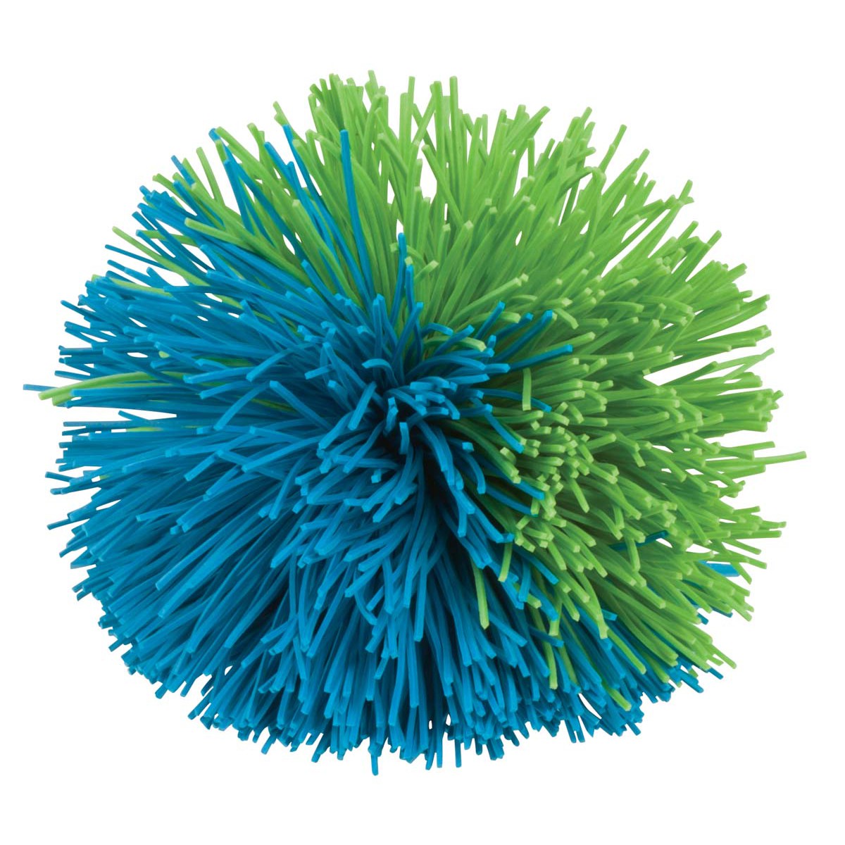 The GO! Play Spring Ring by GO! Play is a stretchy, waterproof rubber ball toy with spiky strands—half blue, half green—perfect for outdoor fun and shown on a white background.
