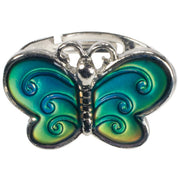 A metallic butterfly-shaped hair clip with blue and green wings and spiral patterns pairs perfectly with the Toysmith Cutie Mood Ring by Toysmith for a fun, colorful accessory duo.