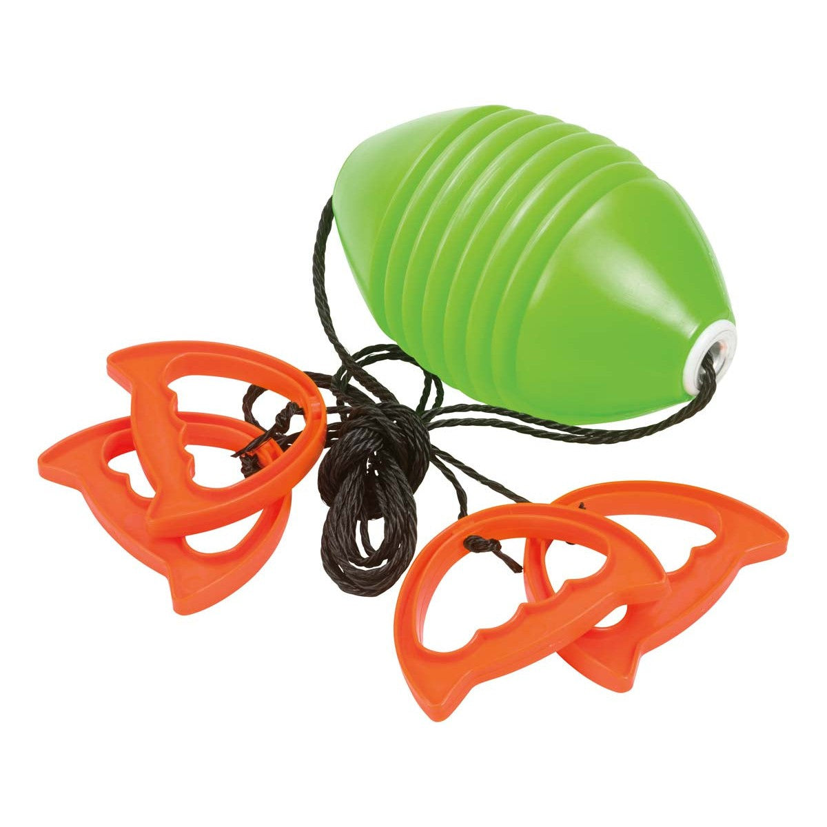 The GO! Play Zip Ball by GO! Play is a green, oval-shaped plastic toy with black strings and four orange triangular handles—perfect for outdoor games like tugging or pulling with friends in the backyard or park.