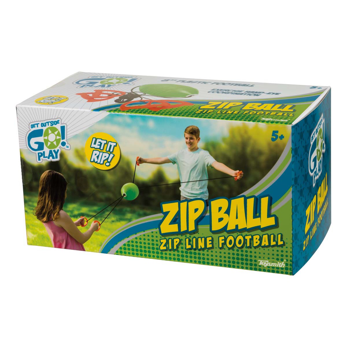 The GO! Play Zip Ball box features a boy and girl playing outdoors with the green zip ball. The blue/green packaging says “Let it rip!” and “Get outside! Go! Play,” making it perfect for outdoor fun for ages 5+. Brand: GO! Play.