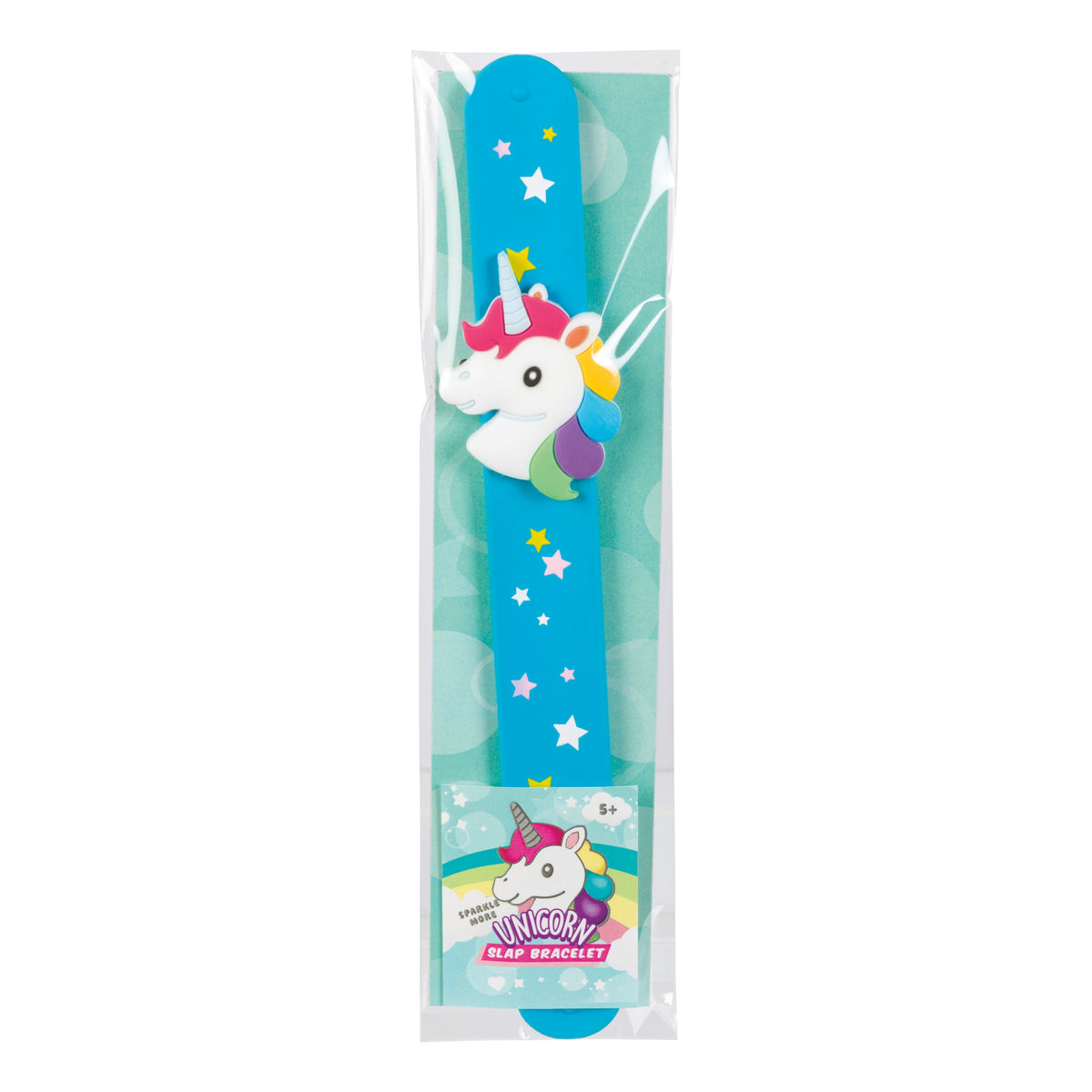 The Toysmith Unicorn Slap Bracelet features a blue band with a 3D white unicorn head, pink mane, yellow horn, and star details. Great as party favors or kids’ accessories. Comes in a clear bag with unicorn illustration and Toysmith branding.