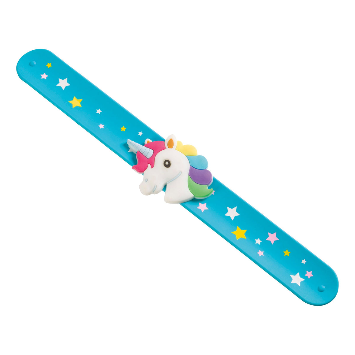 The Toysmith Unicorn Slap Bracelet by Toysmith features a blue band with colorful stars and a 3D unicorn head with a rainbow mane and silver horn—ideal for kids’ accessories or as unicorn party favors.