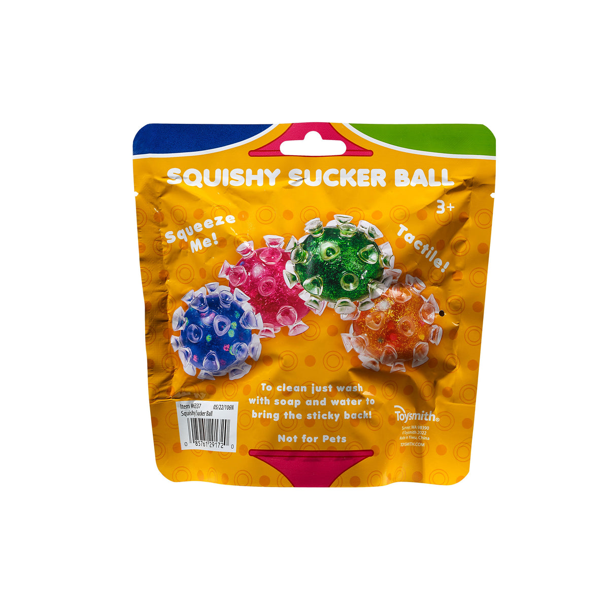 The Toysmith Squishy Sucker Ball pack by Toysmith includes three spiky sensory balls in red, blue, and green. The package says “Squeeze Me!” and “Tactile!” with care instructions and “Not for Pets” at the bottom.
