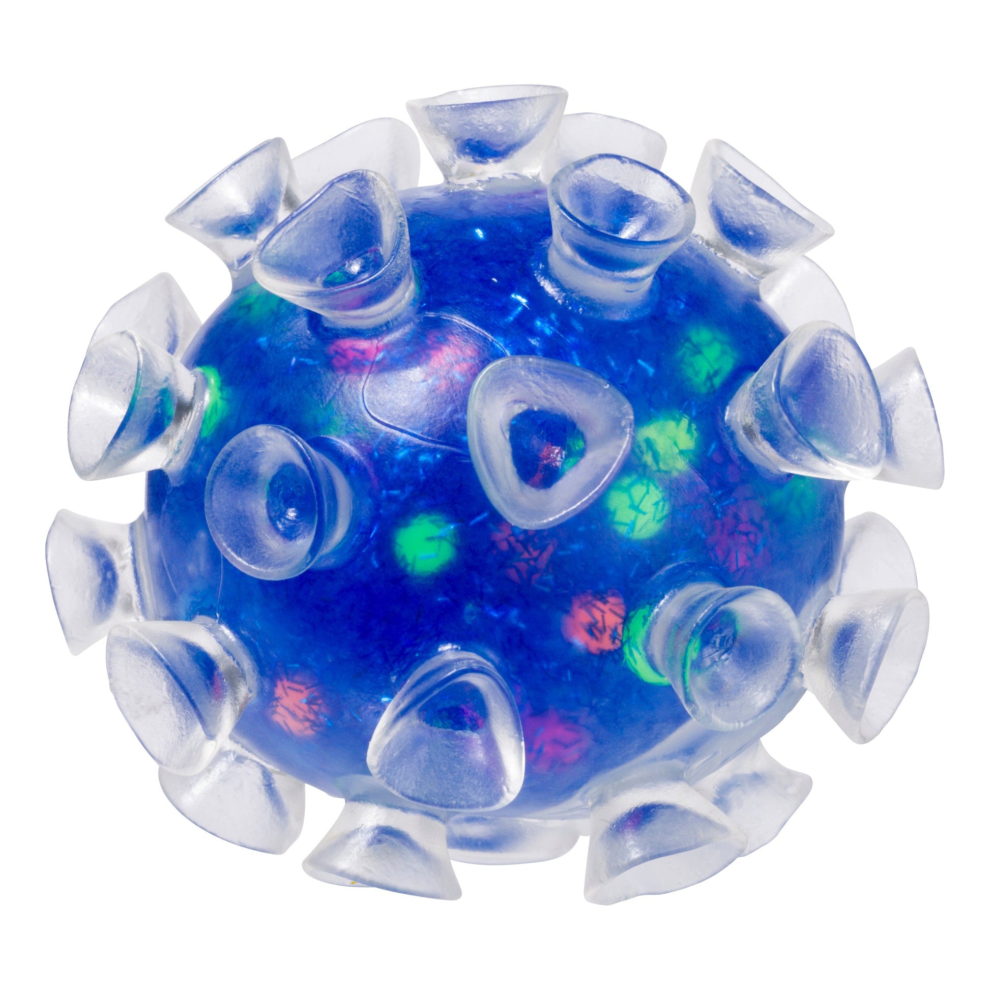 The Toysmith Squishy Sucker Ball by Toysmith is a blue sensory toy with translucent squishy suction cups and colorful spots inside, shown isolated on a white background.