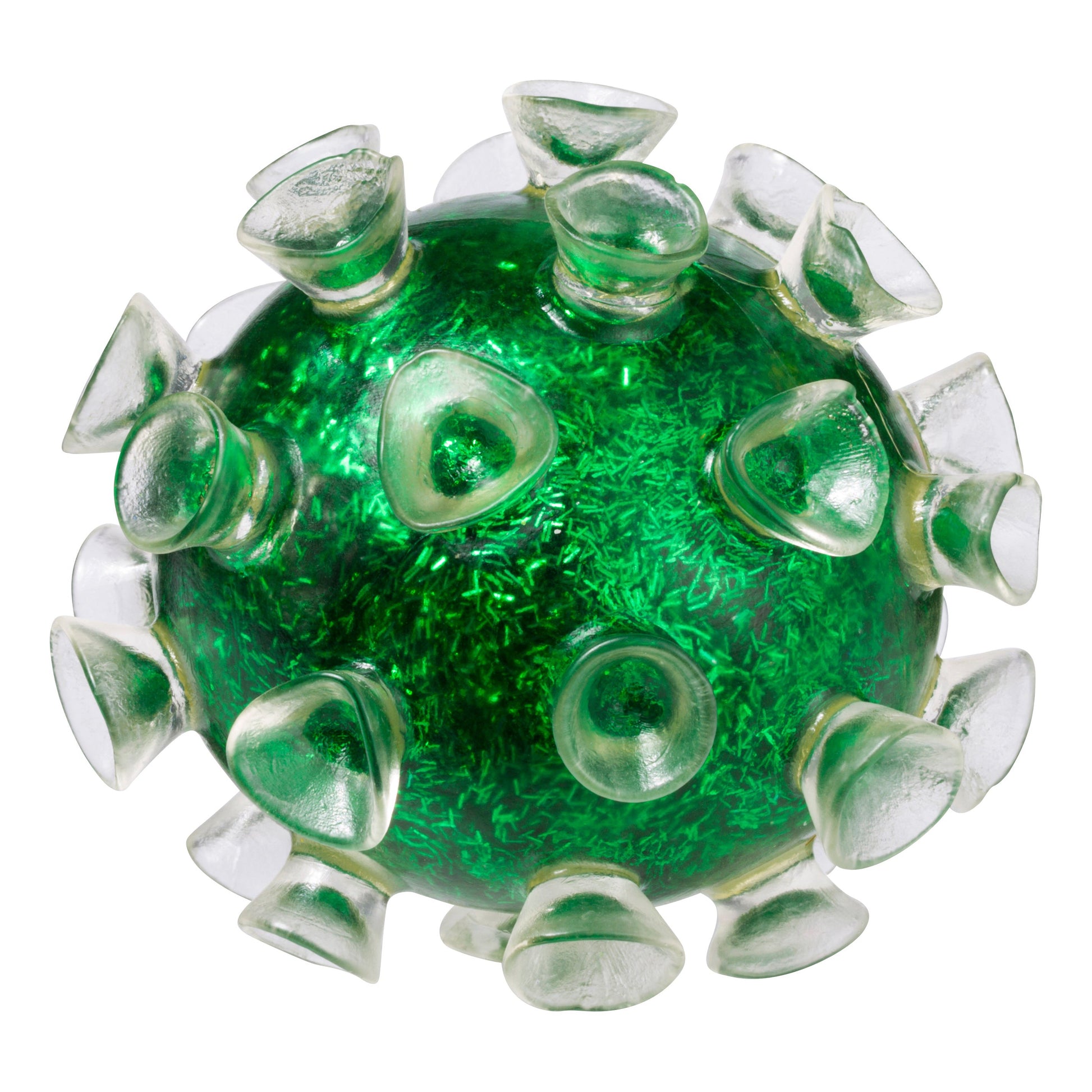 A close-up of the Toysmith Squishy Sucker Ball by Toysmith, featuring spiky green squishy material with clear triangular protrusions, shown against a white background.